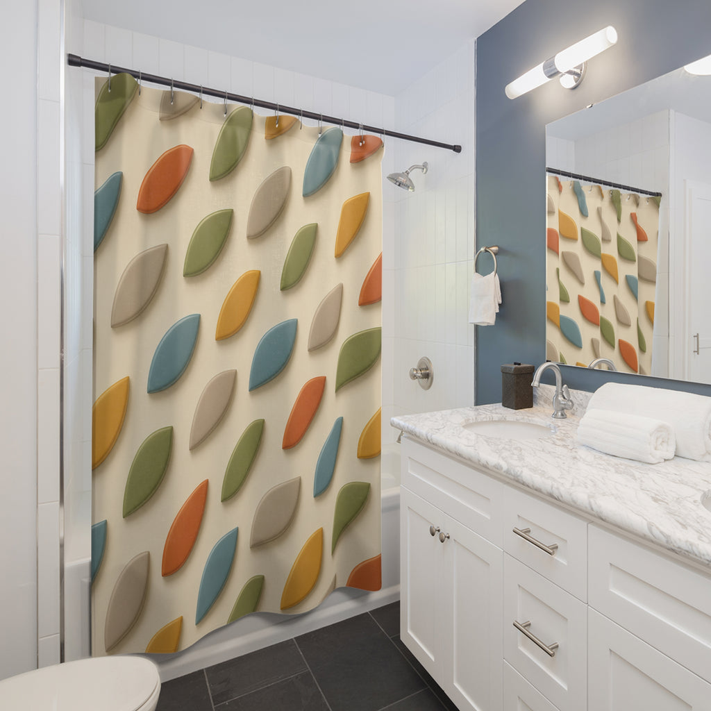 Rideau de douche tissu crème, motif feuilles rétro bleu, orange, vert et beige.