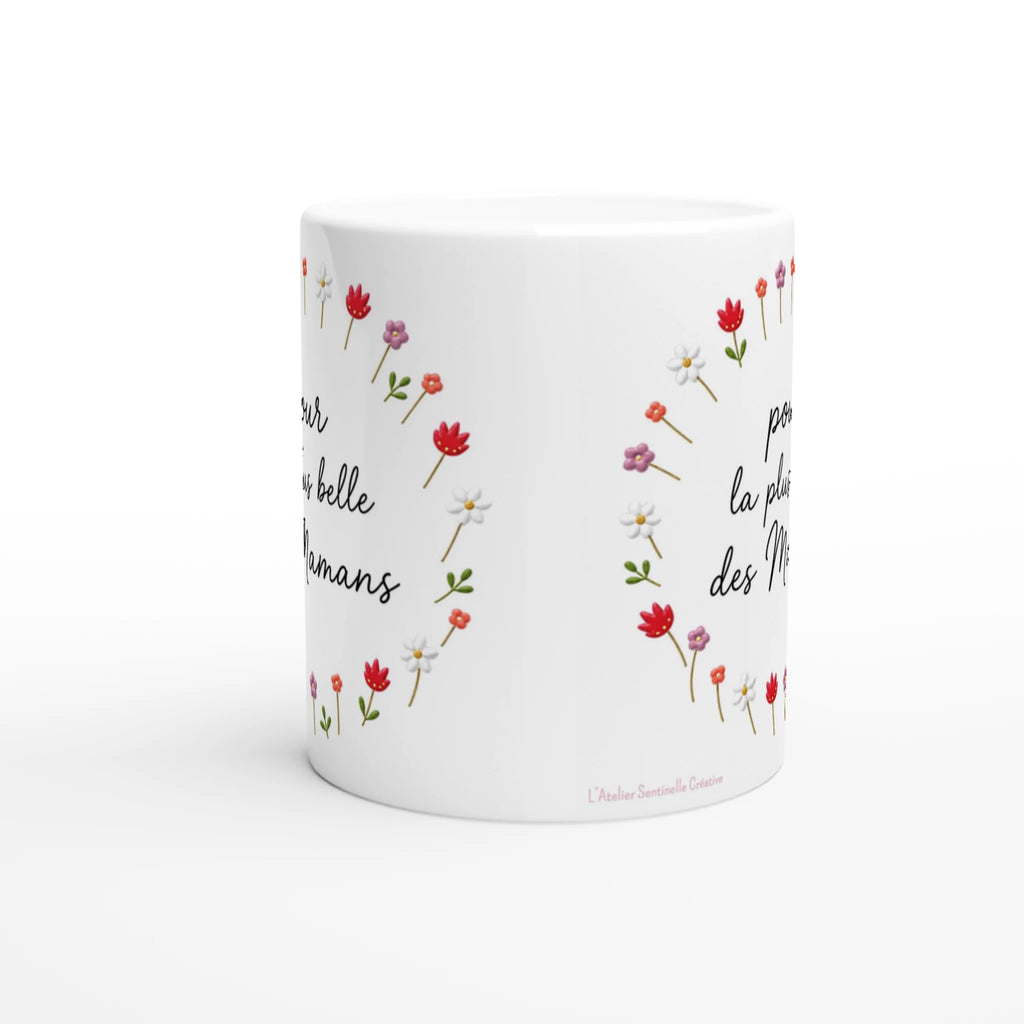 Mug blanc vue arrière, motifs de fleurs colorées dans une couronne