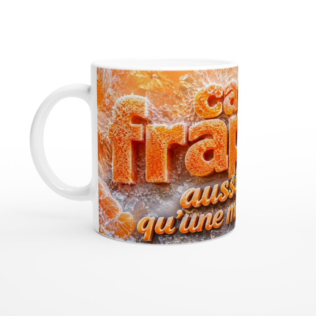 Mug blanc à anse avec motif orange texture givrée et texte « qu’une mandarine »