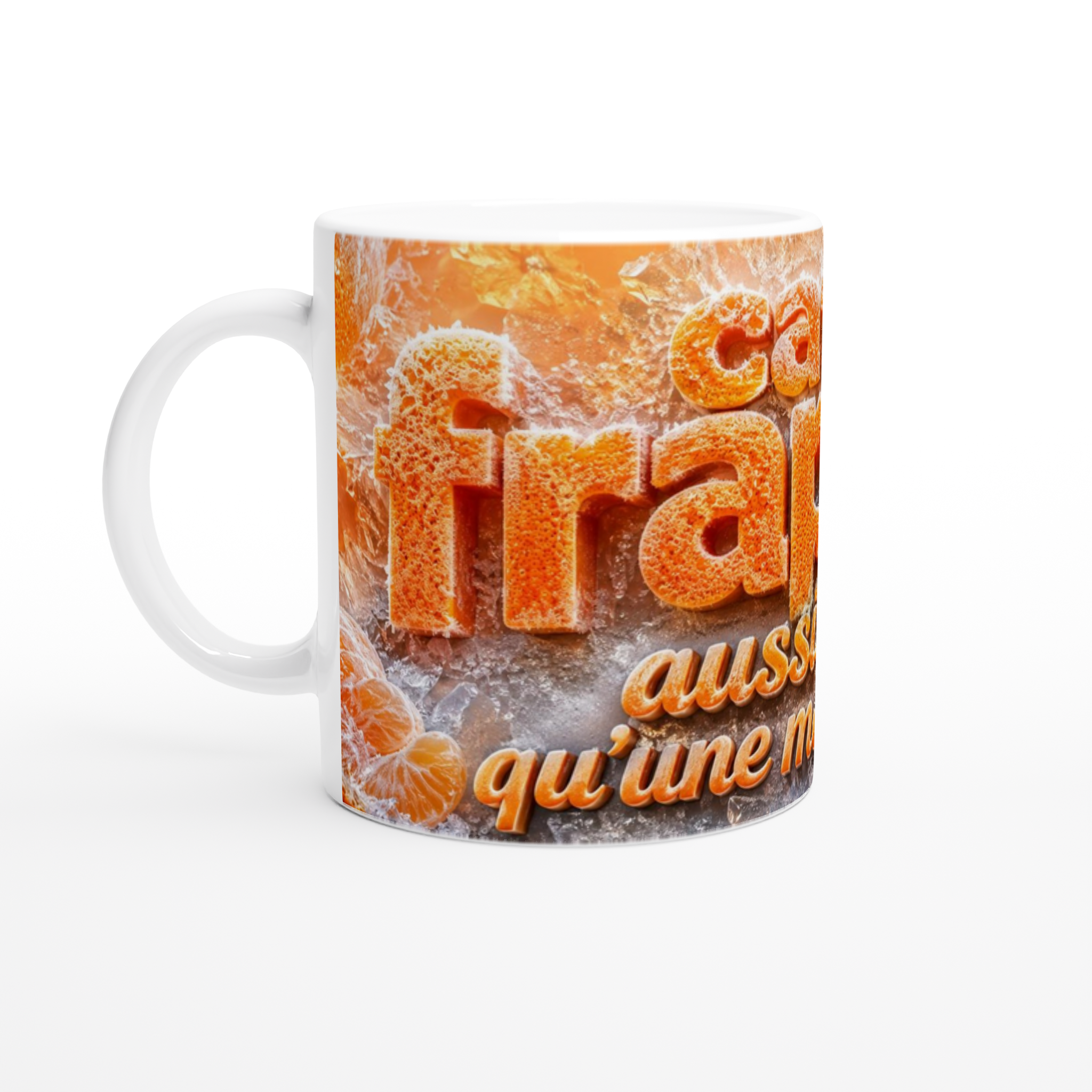 Mug blanc à anse avec motif orange texture givrée et texte « qu’une mandarine »