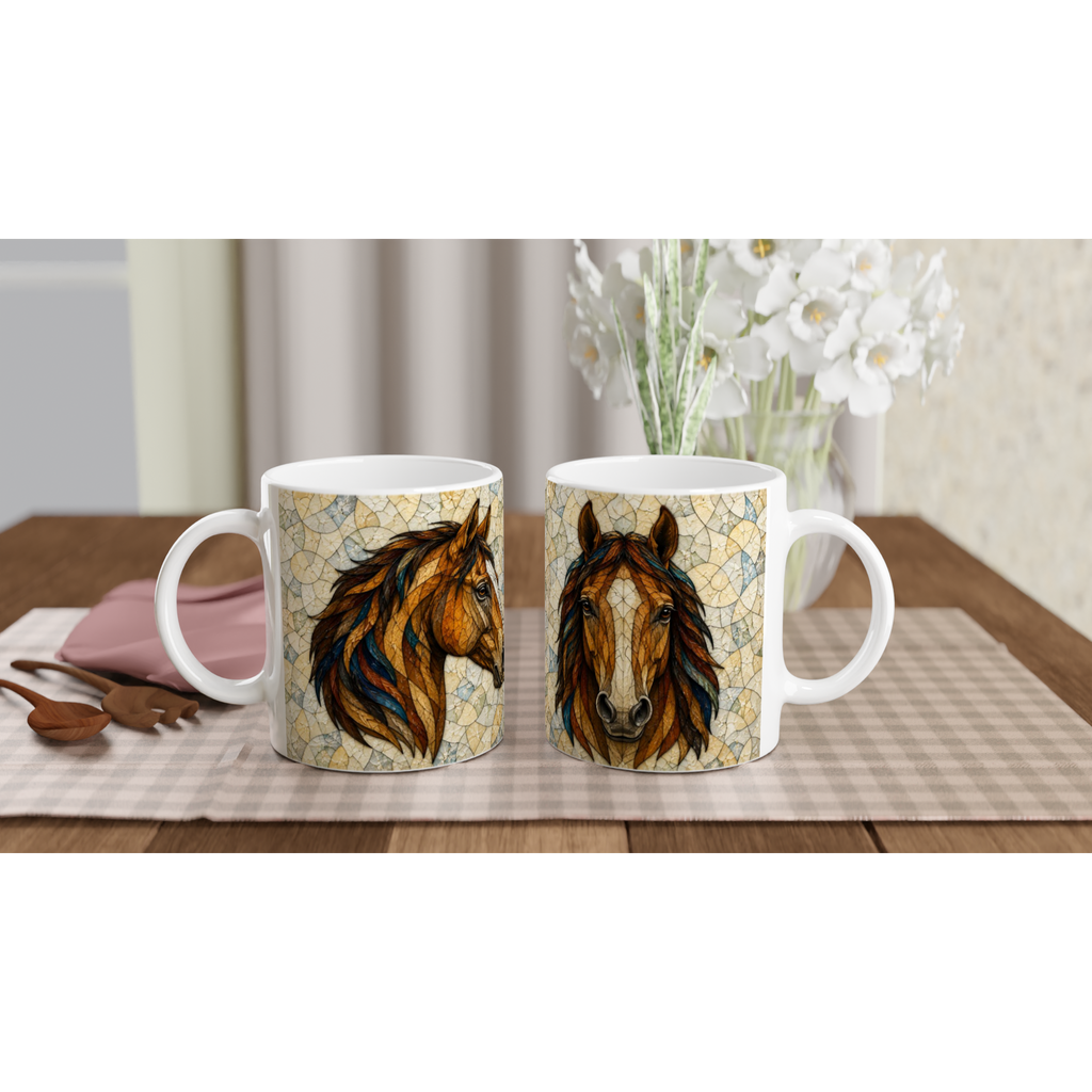 Mug en céramique blanche 11 oz avec motif tête de cheval et anses blanches.