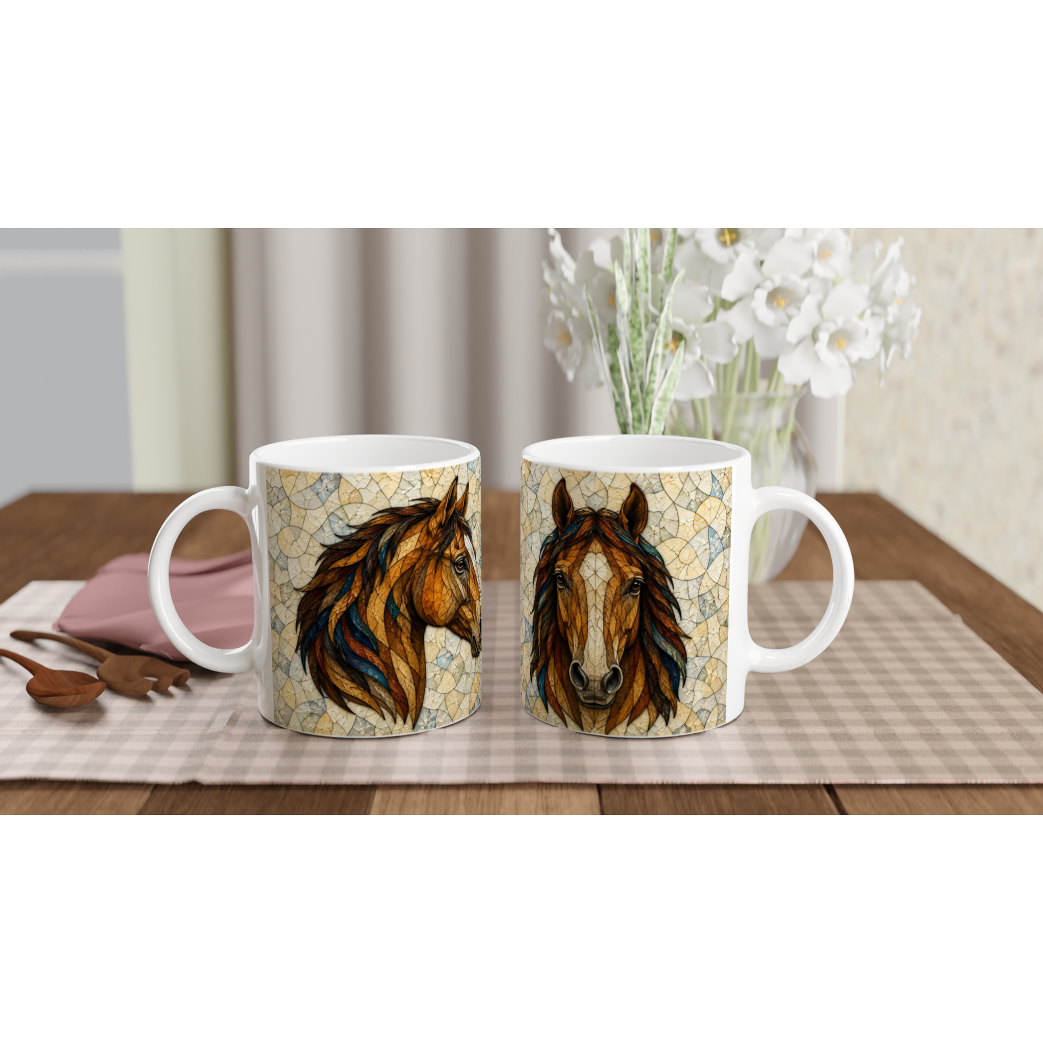 Mug en céramique blanche 11 oz avec motif tête de cheval et anses blanches.