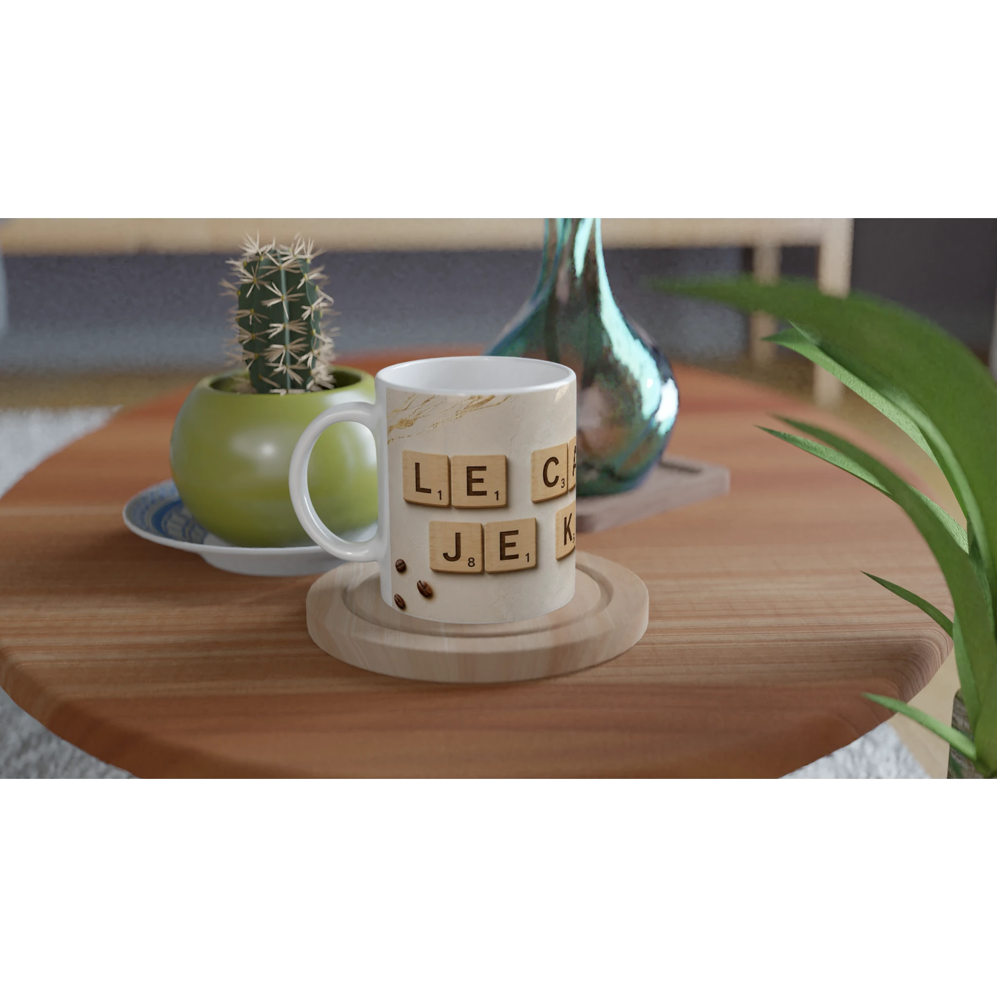 Mug blanc en céramique avec lettres façon Scrabble beige et grains bruns