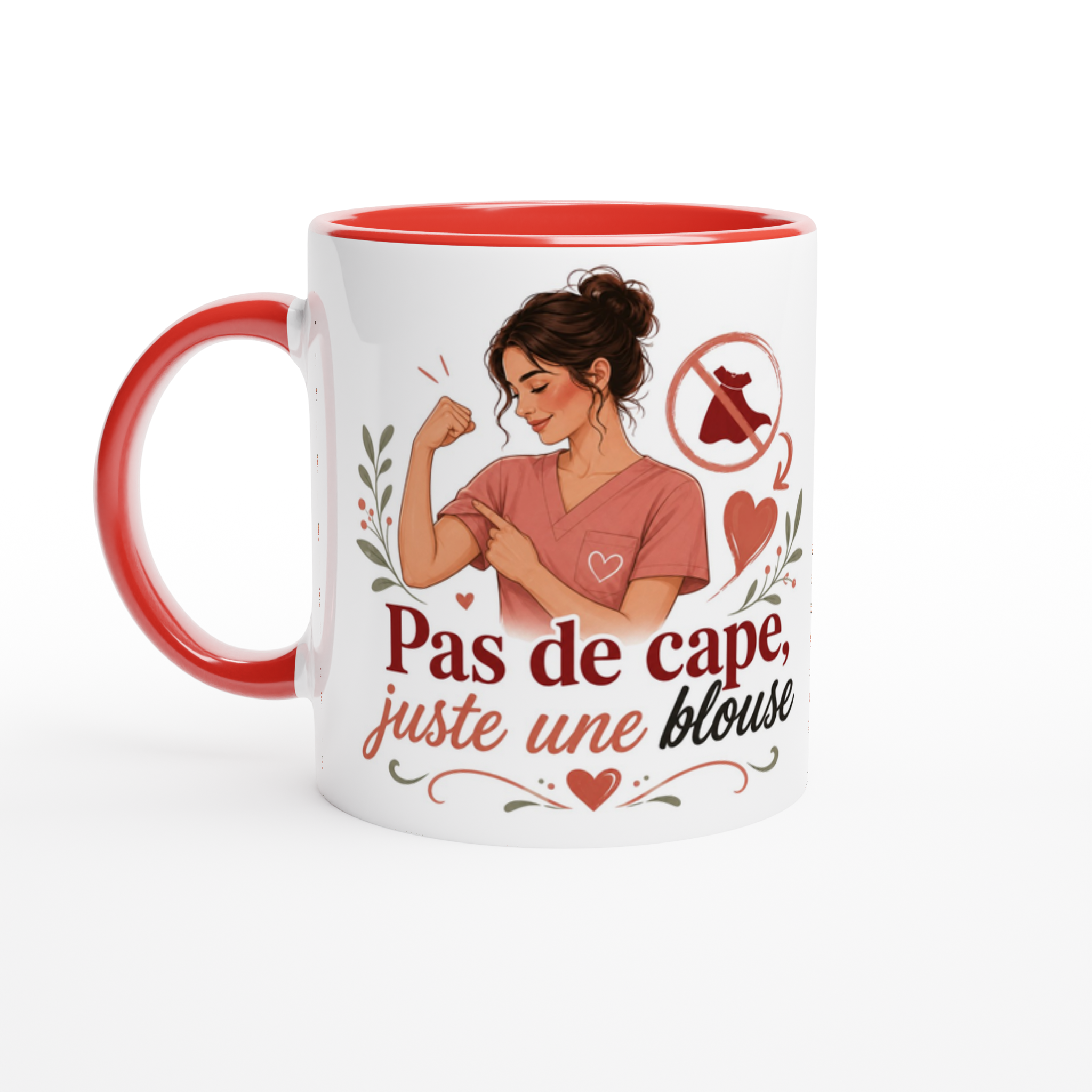 Mug blanc avec intérieur rouge et poignée rouge, illustration femme et texte