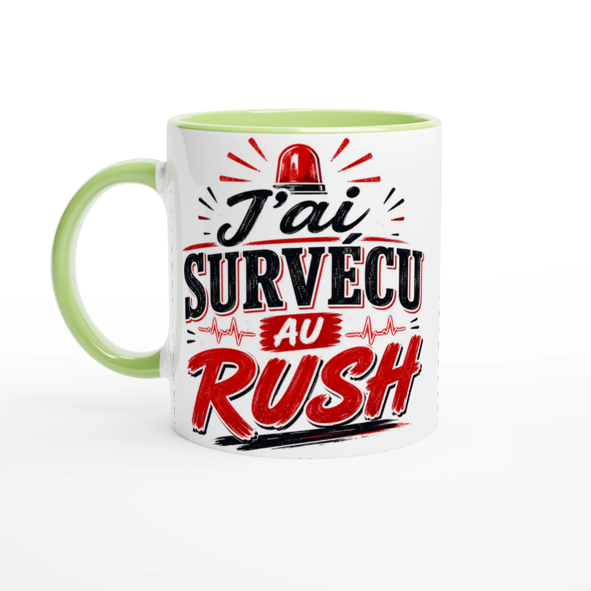 Mug céramique blanc, anse verte et bord vert, impression « J’ai survécu au rush ».