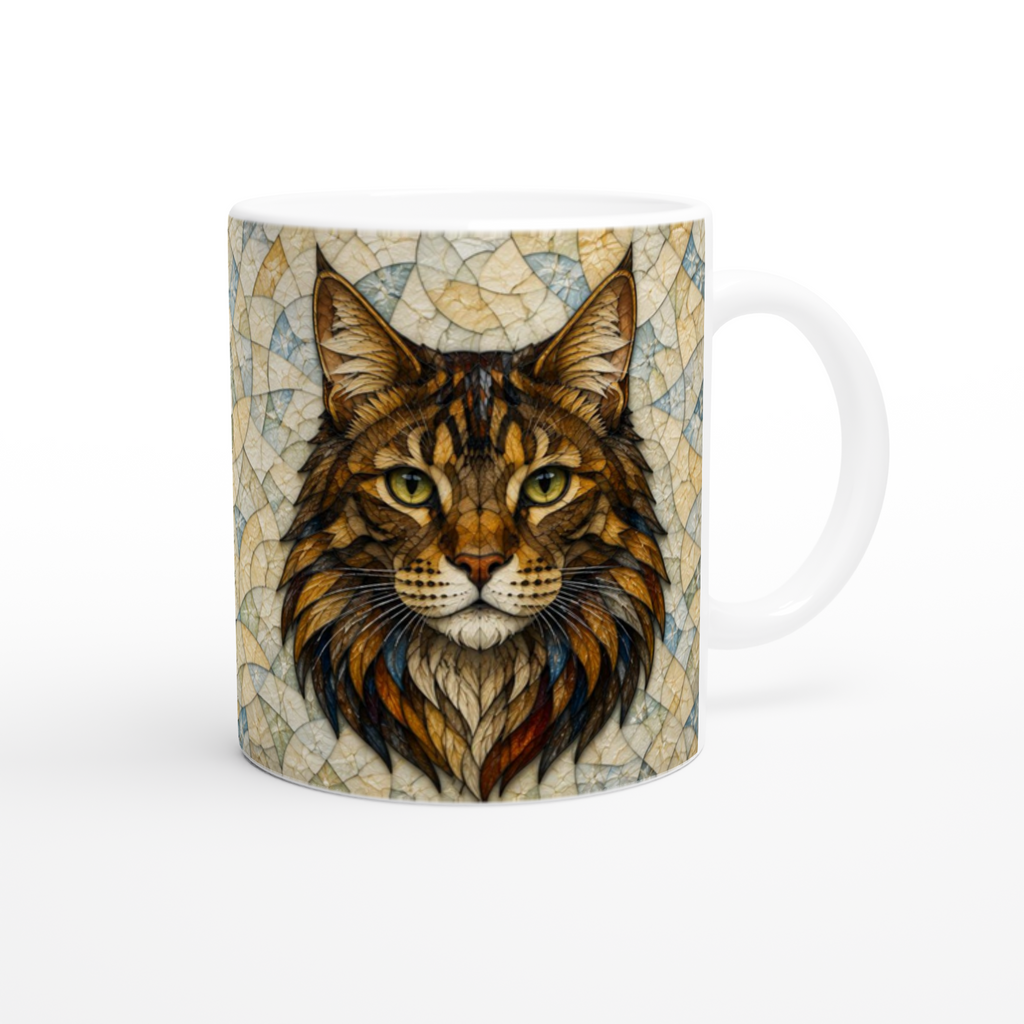 Tasse en céramique blanche 11 oz, gros plan tête de lion, motifs mosaïque