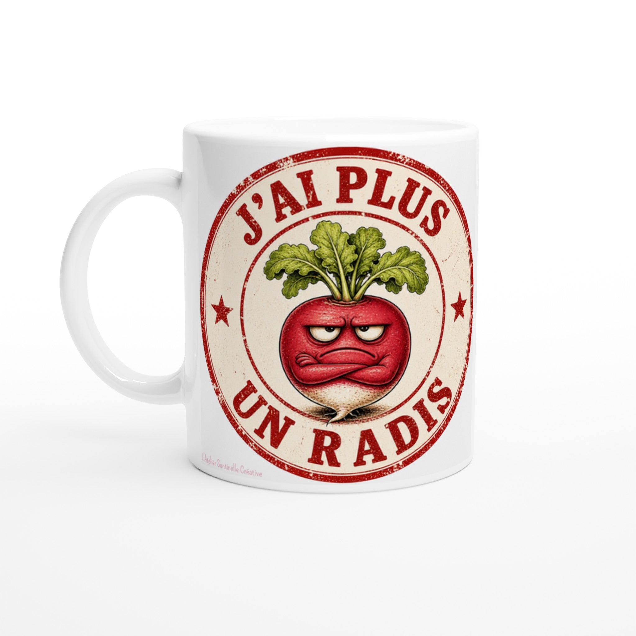 Mug blanc avec gros visuel J’ai Plus Un Radis, radis rouge et texte en couronne