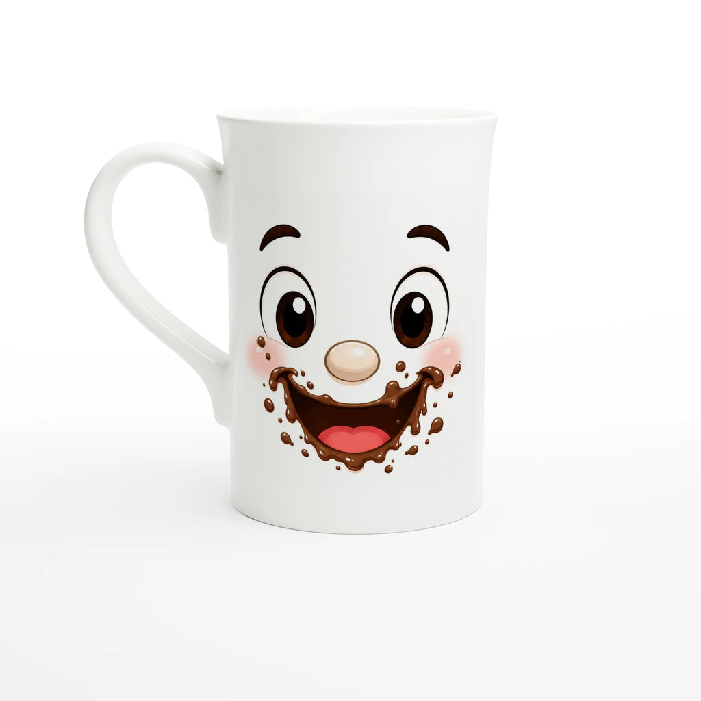 Mug blanc avec visage kawaii au chocolat souriant, vue de face