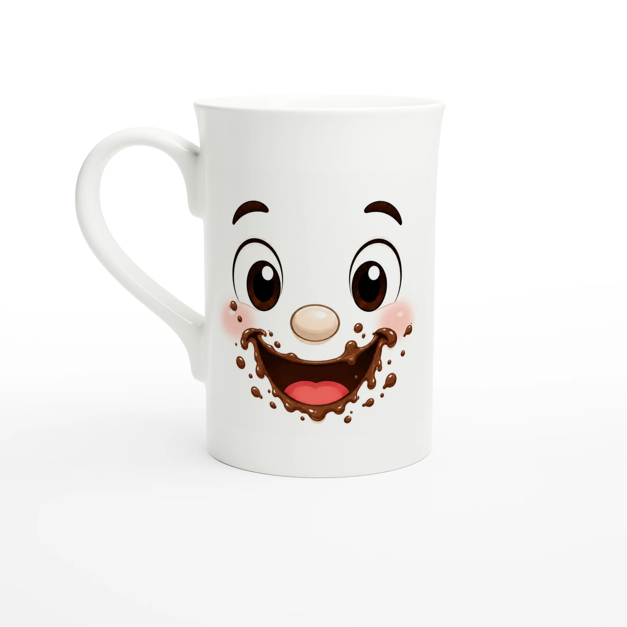 Mug blanc avec visage kawaii au chocolat souriant, vue de face