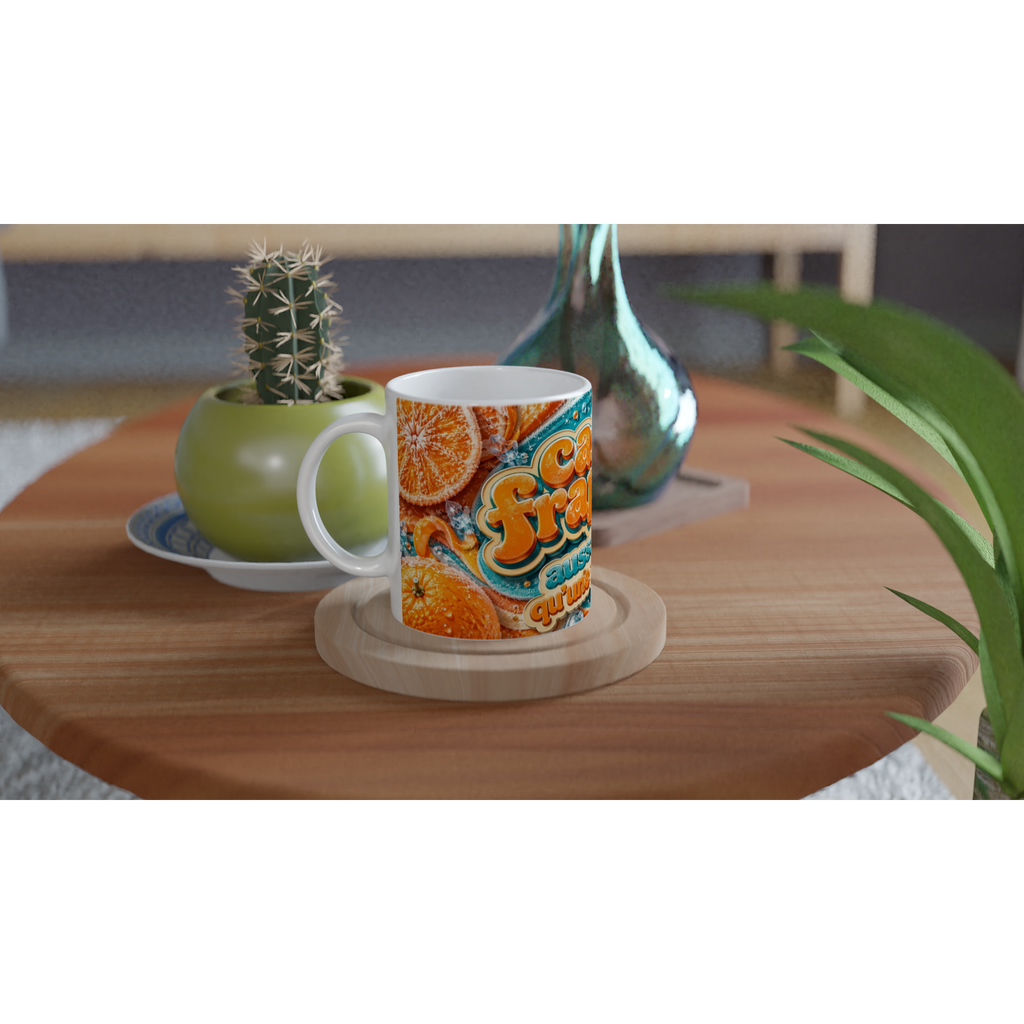 Mug blanc avec motif orange et bleu « café frappé ».