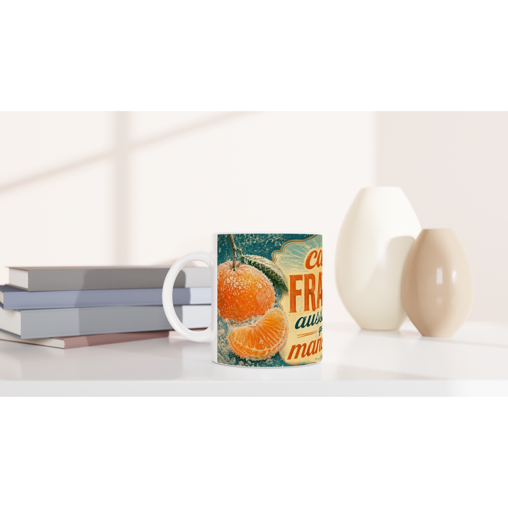 Mug blanc imprimé mandarine orange, texte rétro sur fond vert