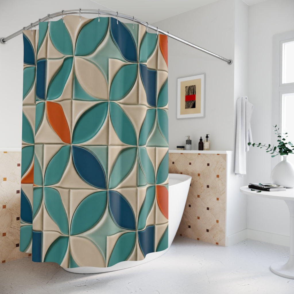 Rideau de douche imprimé géométrique vert, bleu nuit, beige et orange, sur rail.