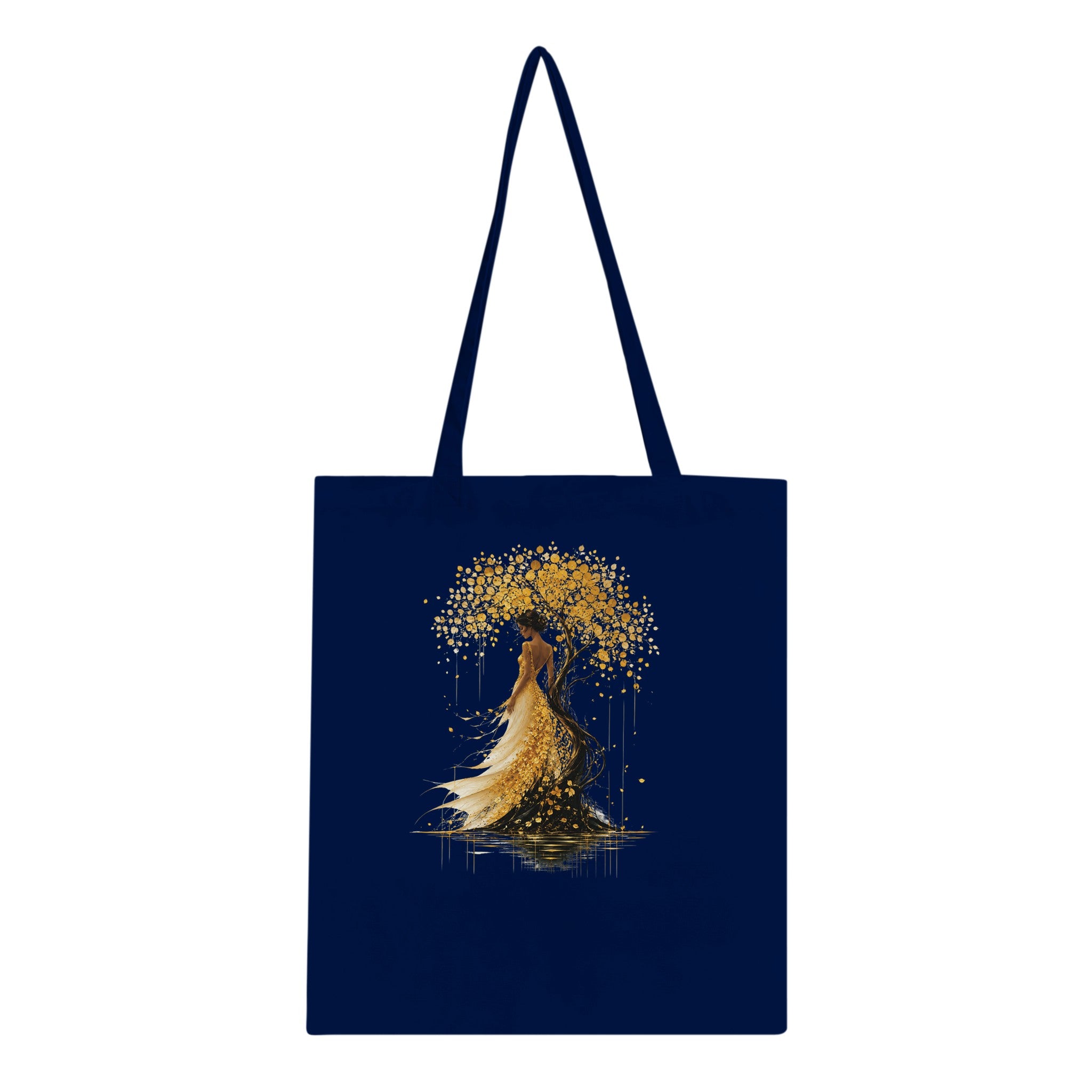 Sac cabas bleu marine avec motif arbre doré et silhouette de robe, anses longues