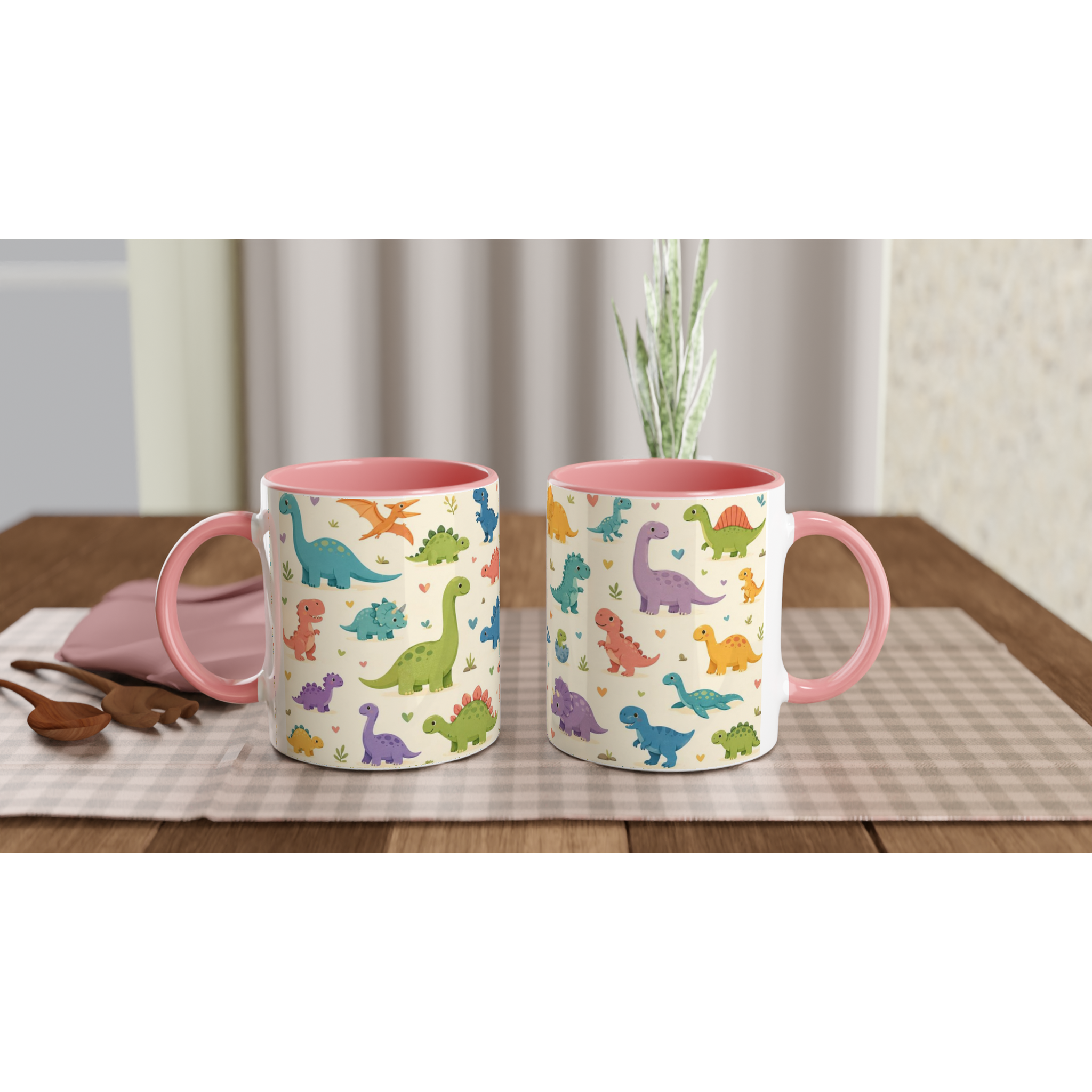 Mug en céramique crème à motifs de dinosaures pastel, anse rose