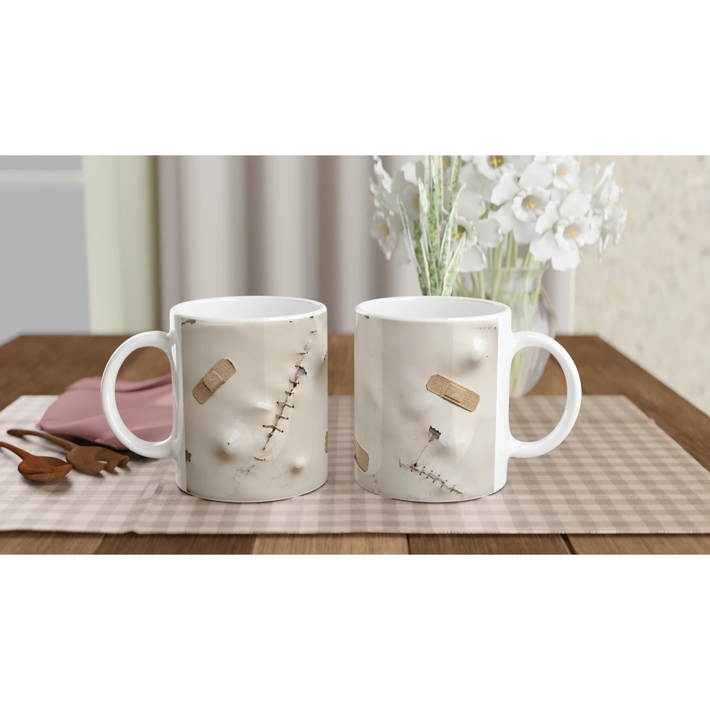 Mug blanc avec impression pansements et points de suture sur la face