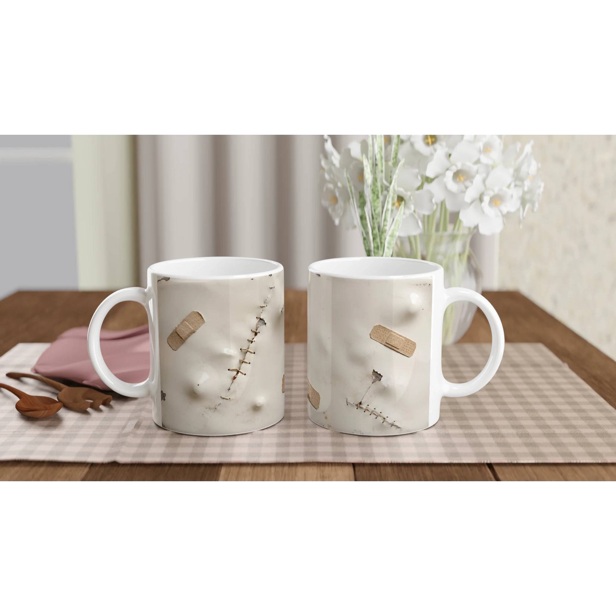Mug blanc avec impression pansements et points de suture sur la face