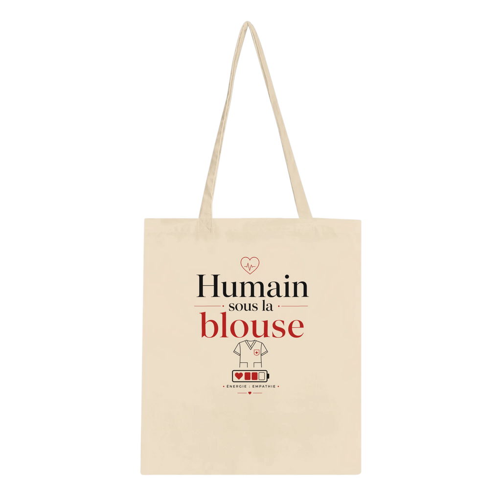 Tote bag en toile écru avec logo « Humain sous la blouse »