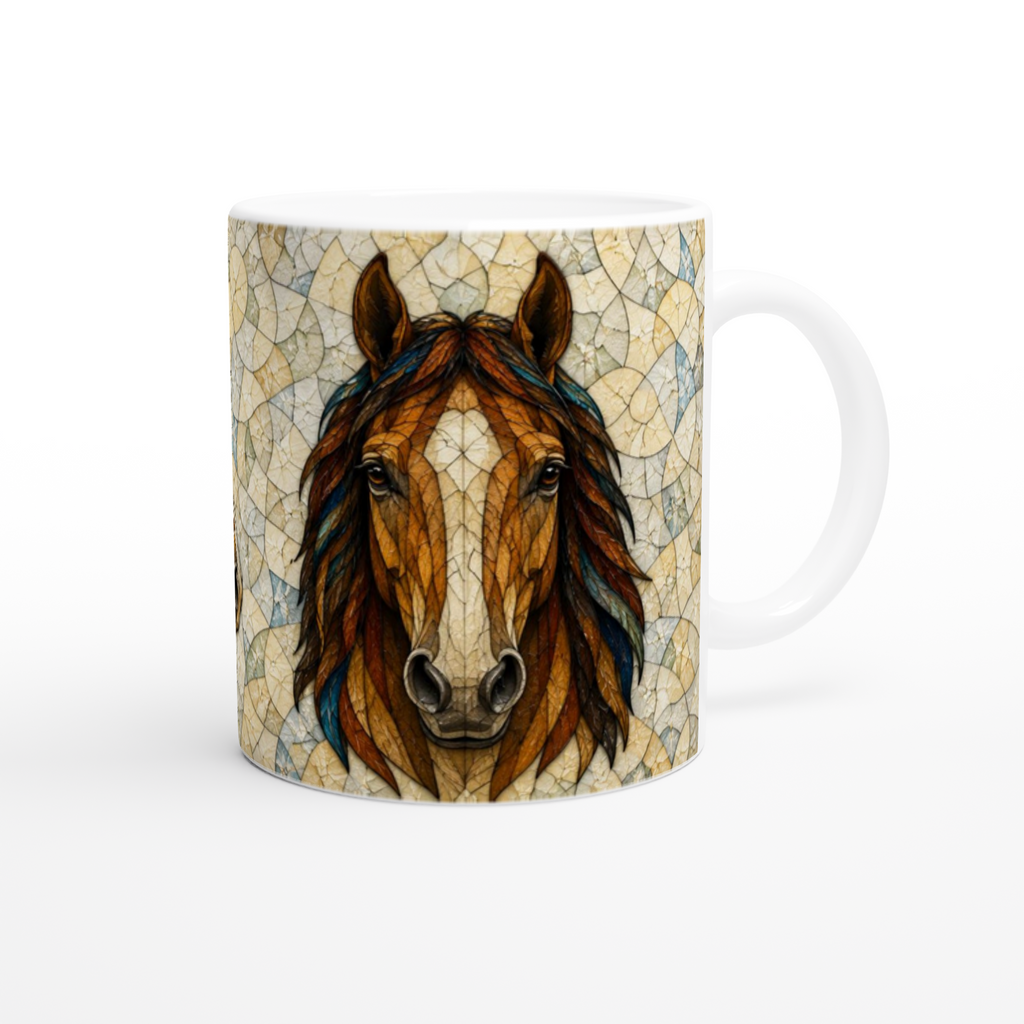 Mug en céramique blanche avec gros plan tête de cheval aux tons brun et bleu.