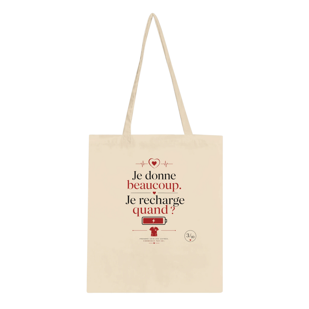Tote bag en toile blanc cassé à poignées, motif rouge centré