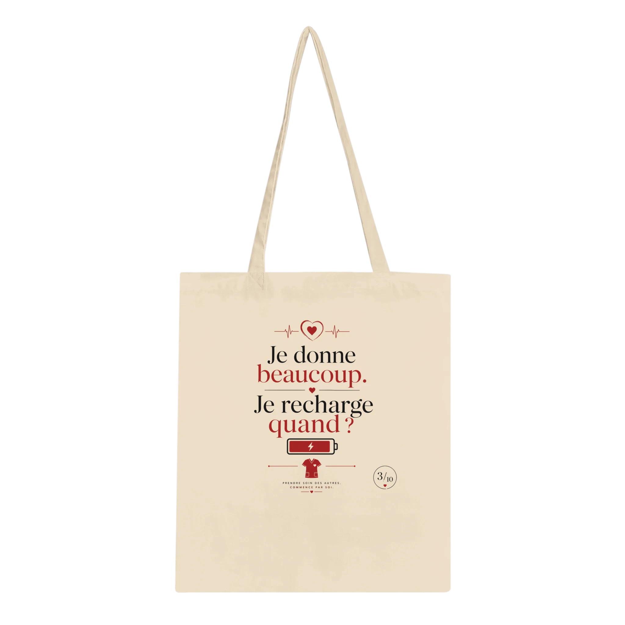 Tote bag en toile blanc cassé à poignées, motif rouge centré