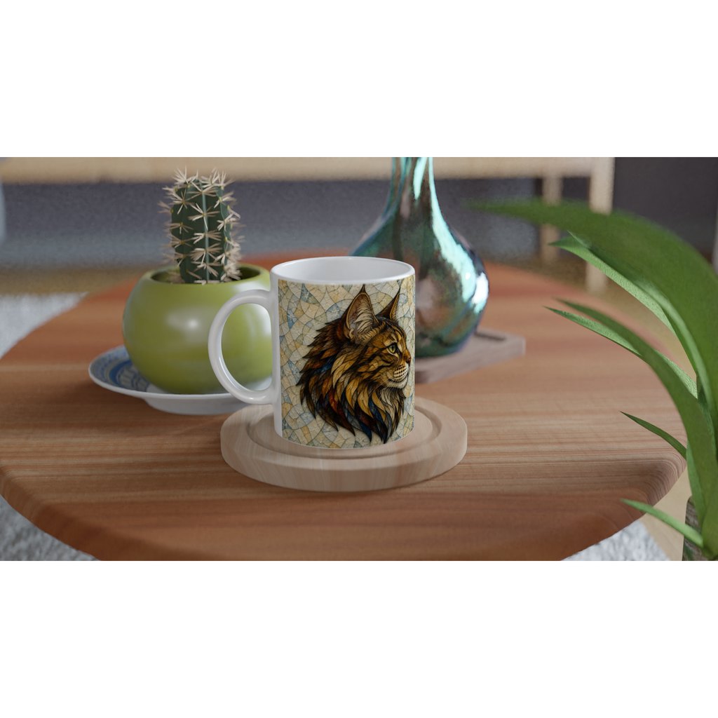 Tasse en céramique blanche 11 oz, lion coloré en mosaïque, anse