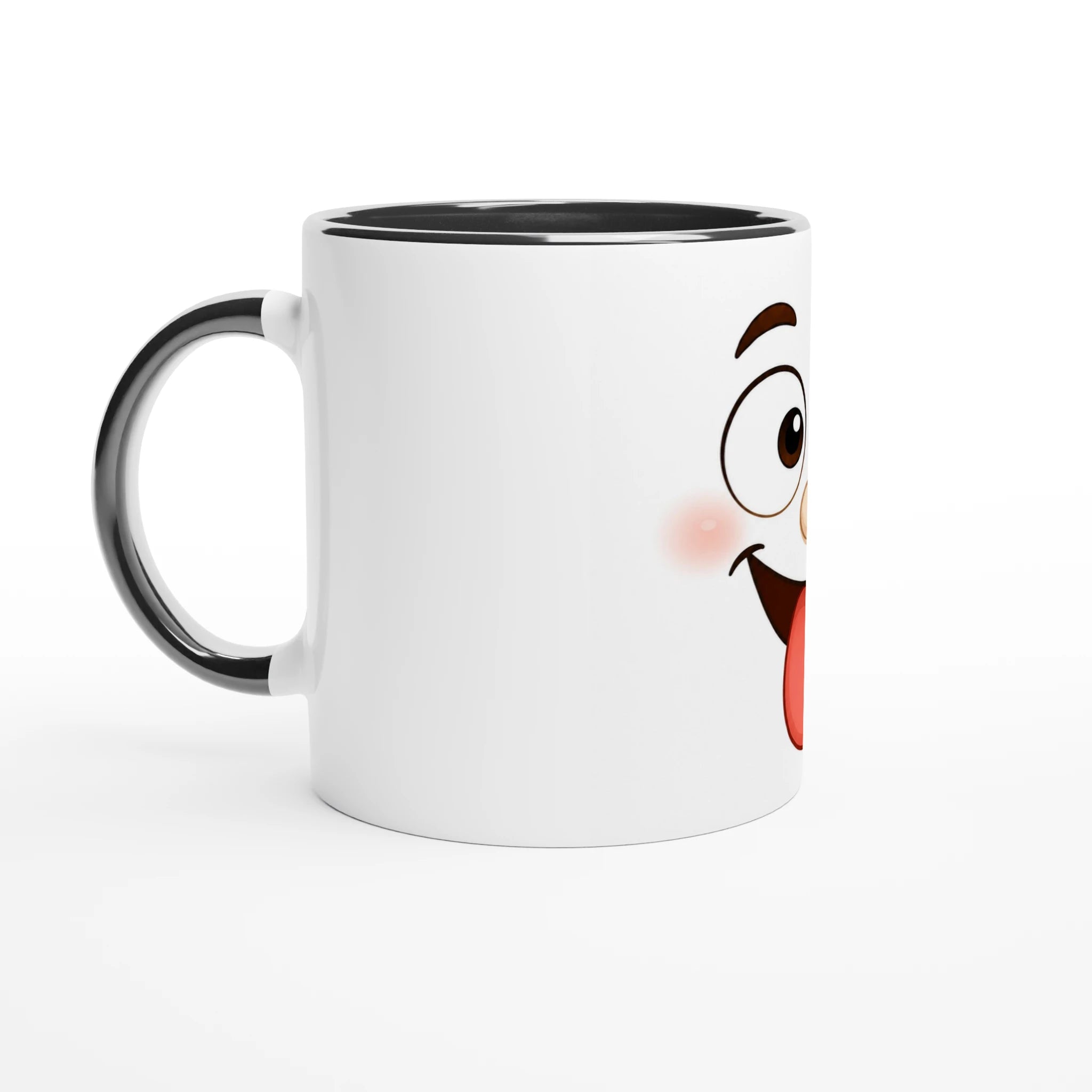 Mug en céramique blanc bord noir, poignée sombre, visage kawaii espiègle.