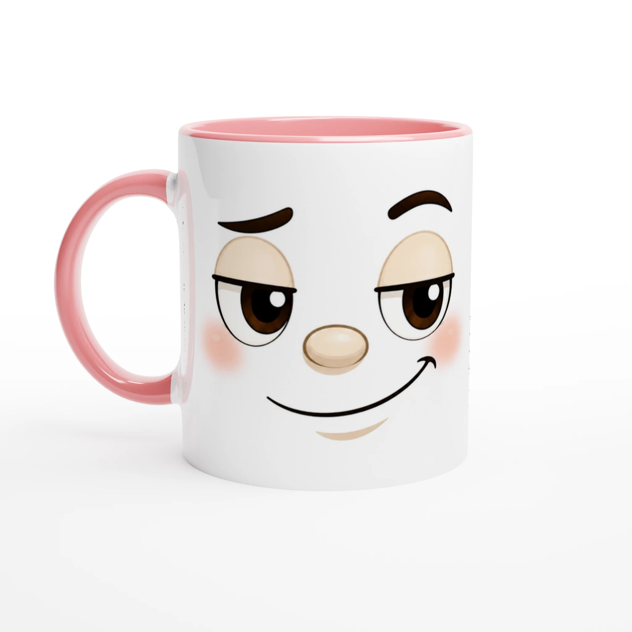 Mug en céramique blanc à bord et anse roses, visage kawaii souriant