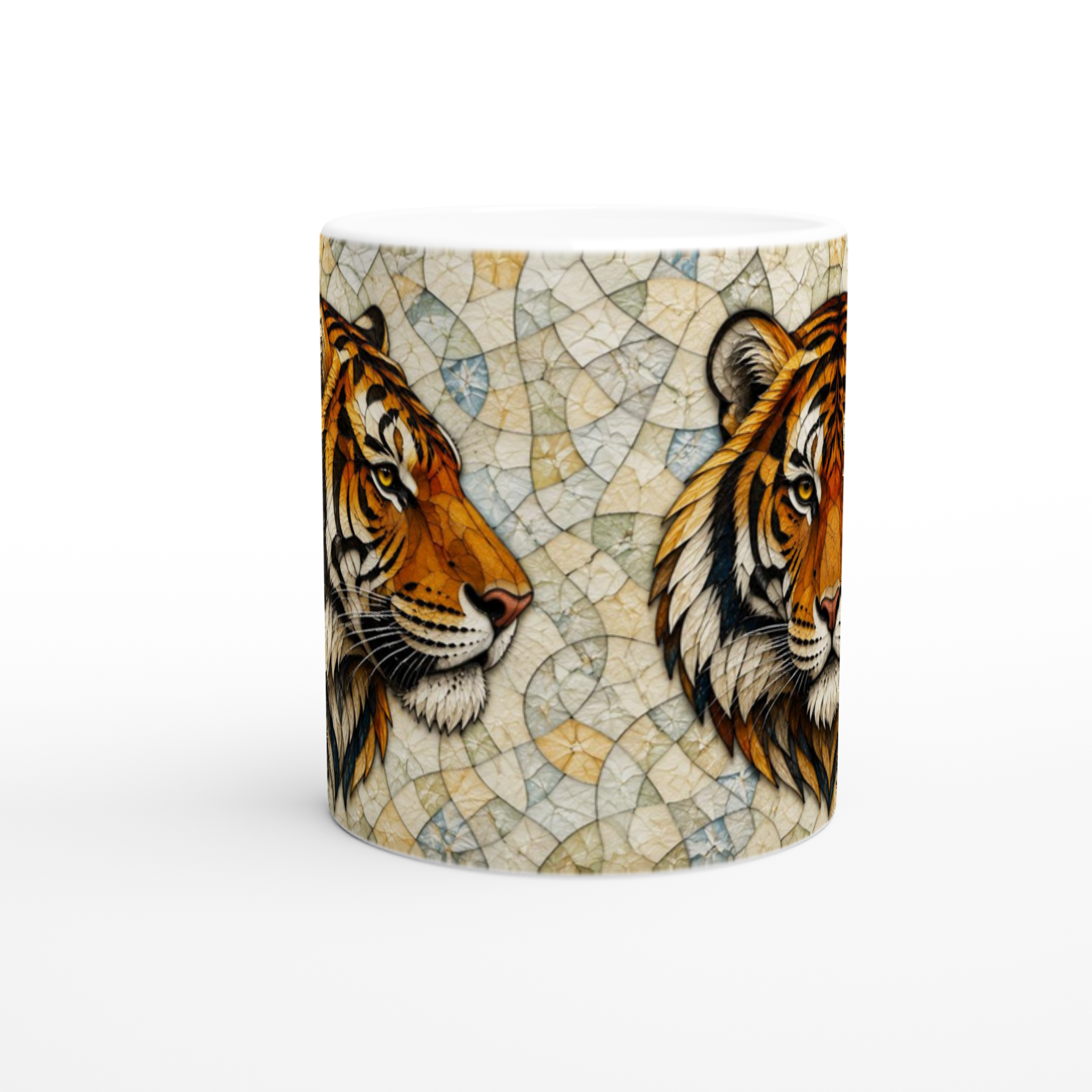 Mug en céramique blanche avec deux visages de tigres sur motif craquelé