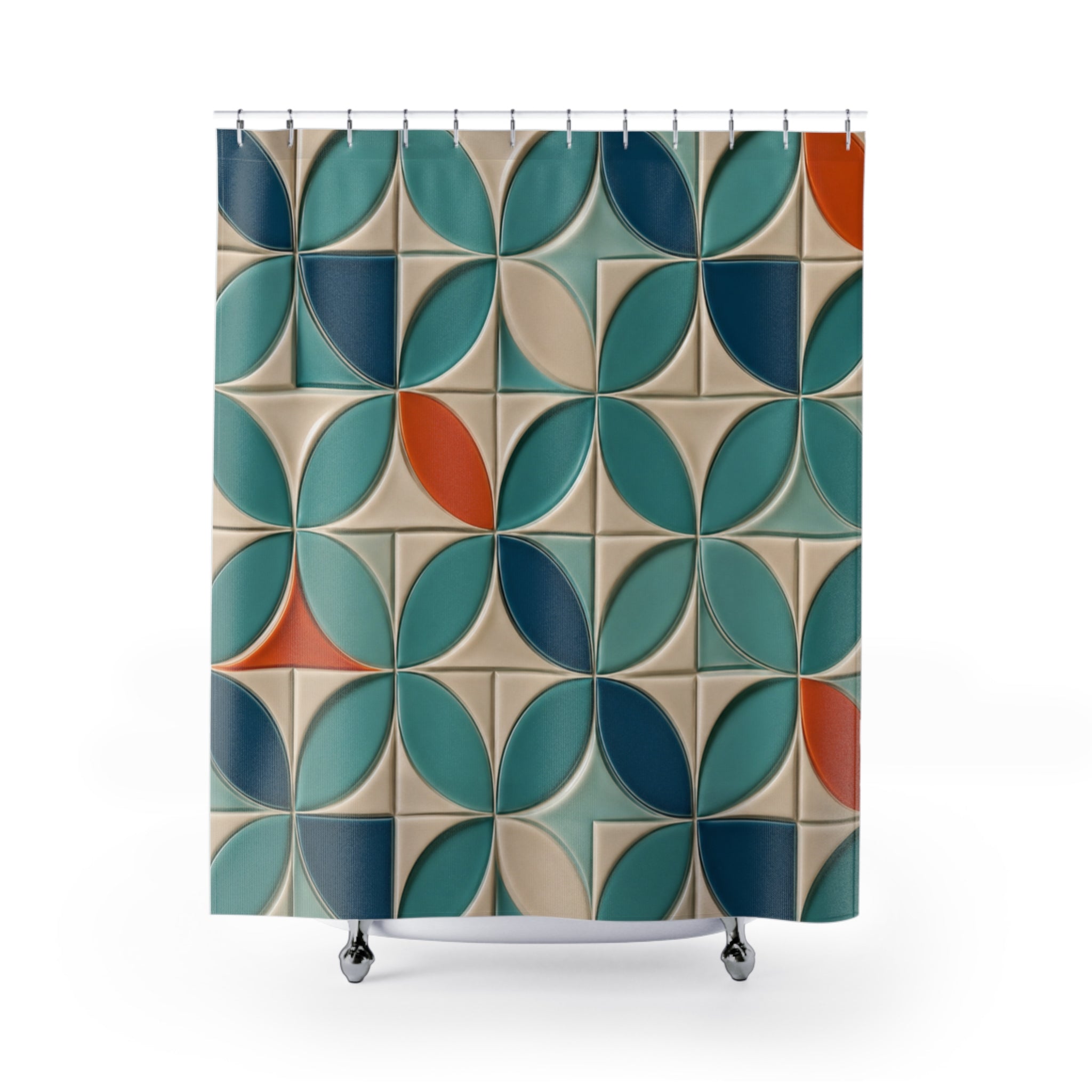 Rideau de douche géométrique beige et vert, motifs bleus et touches orange.