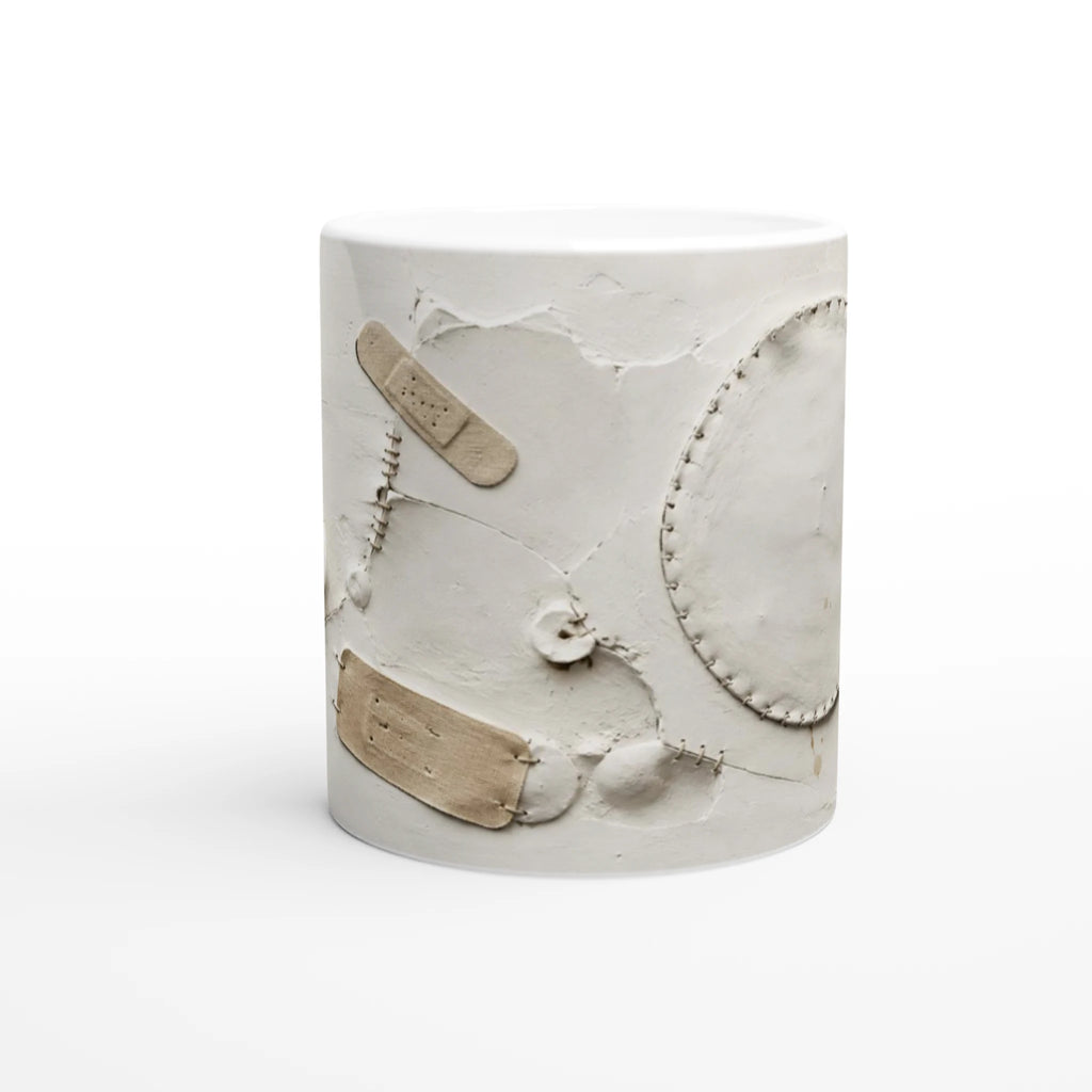 Mug blanc à motif froissé : coutures en relief et pastille circulaire