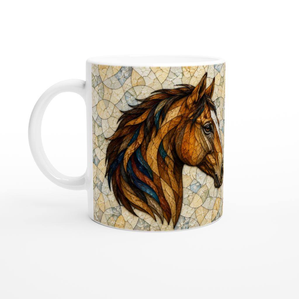 Mug en céramique blanche avec profil de cheval, motif effet craquelé beige et bleu.