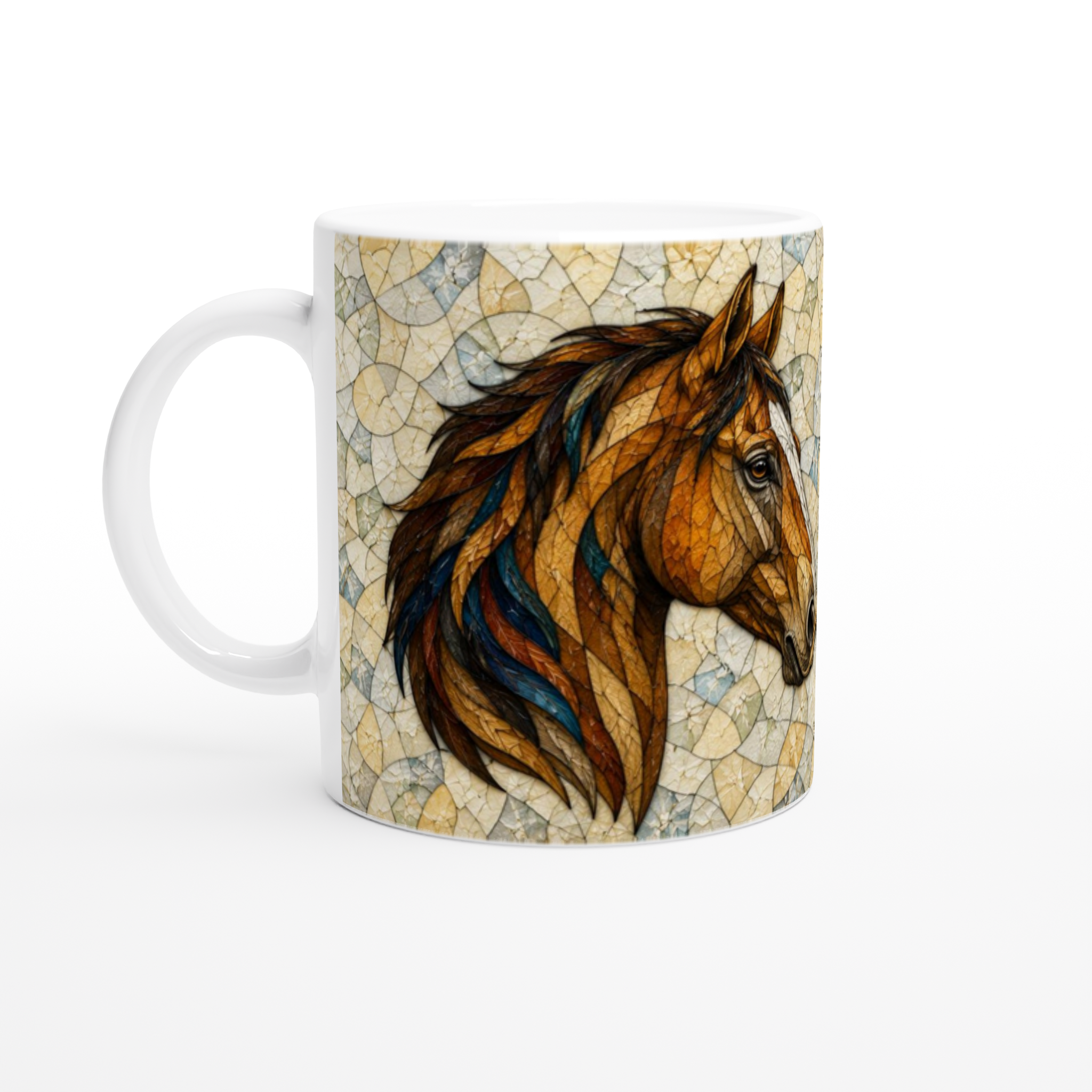 Mug en céramique blanche avec profil de cheval, motif effet craquelé beige et bleu.