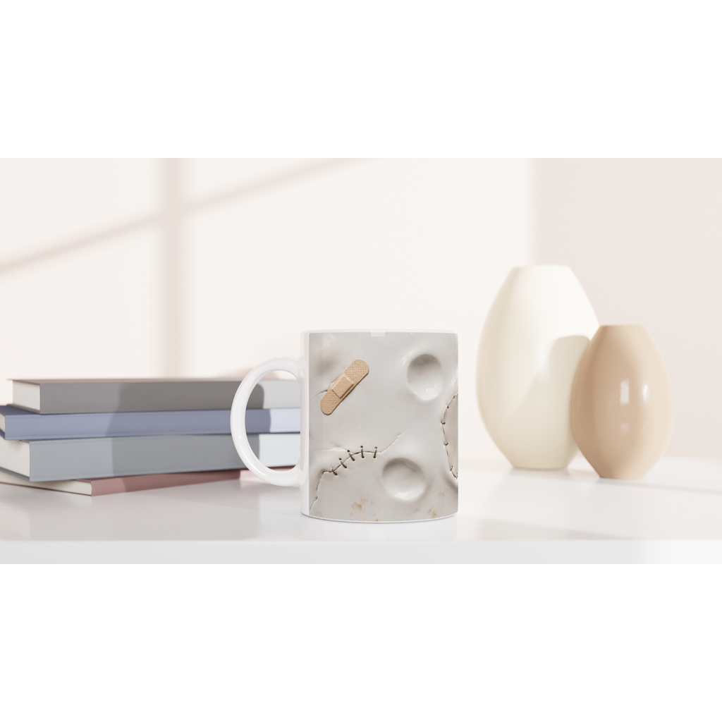 Mug en céramique blanche, manche à gauche, motifs en relief et sutures