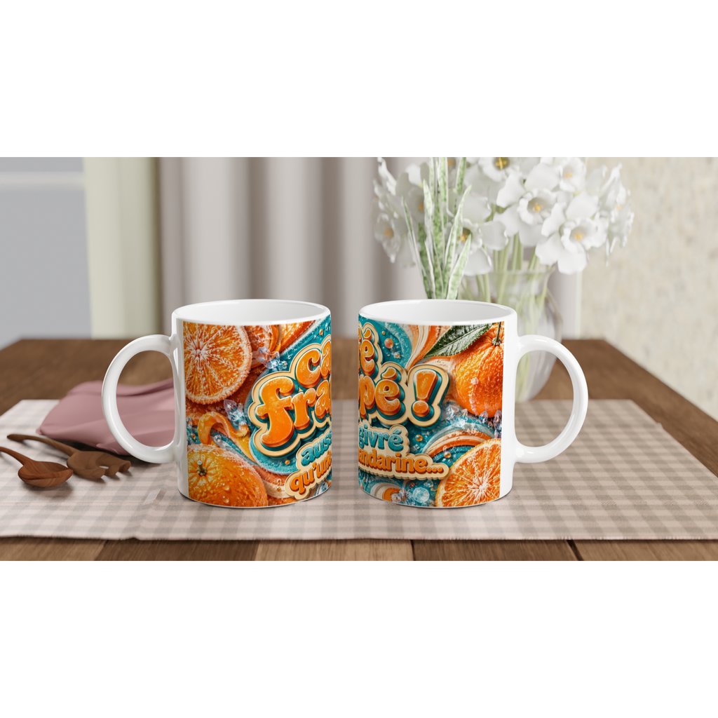 Mug blanc en céramique, motif orange et bleu « café frappé ».