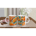 Mug blanc en céramique, motif orange et bleu « café frappé ».