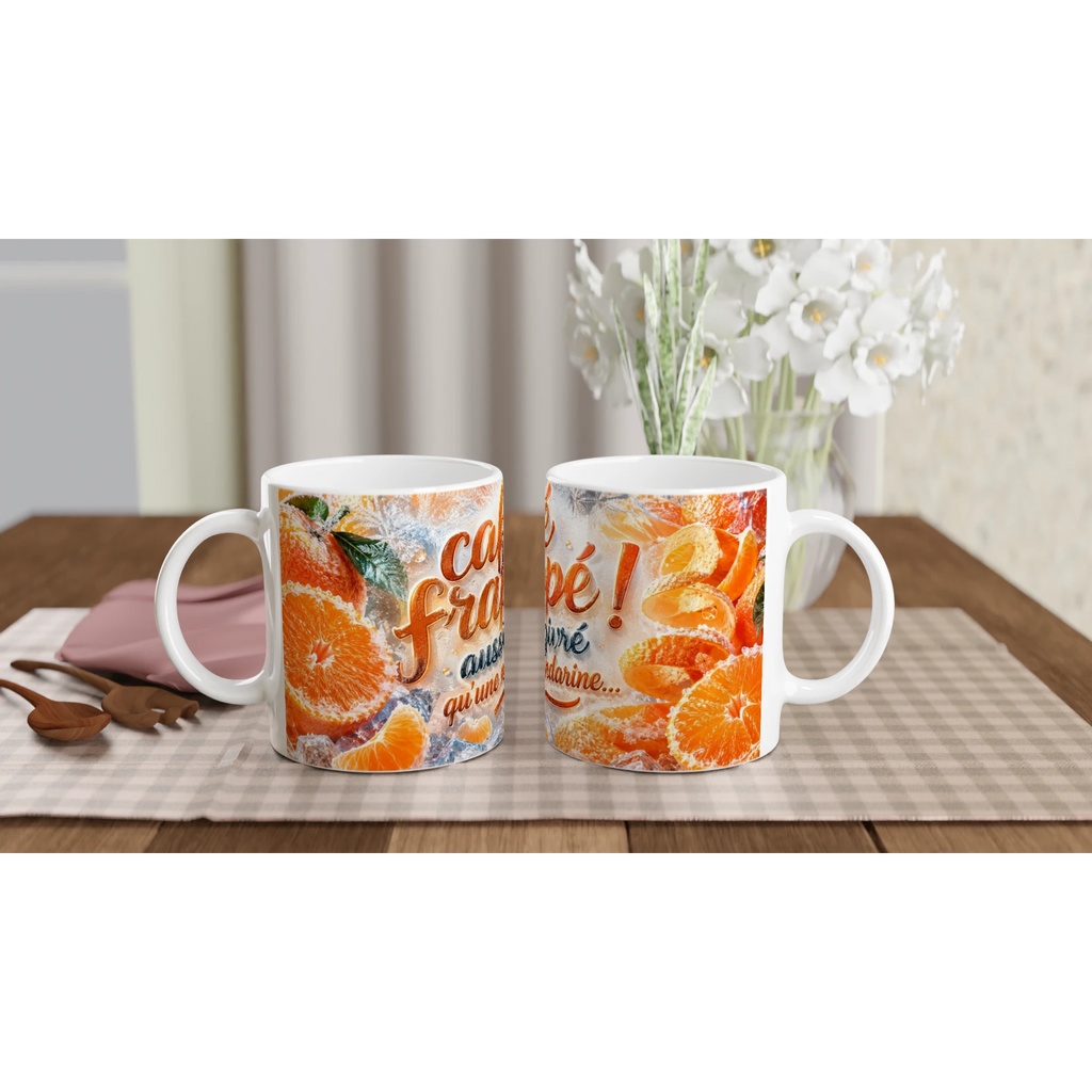 Tasses à café blanches décor mandarine, texte “Café frappé” et filets orange.