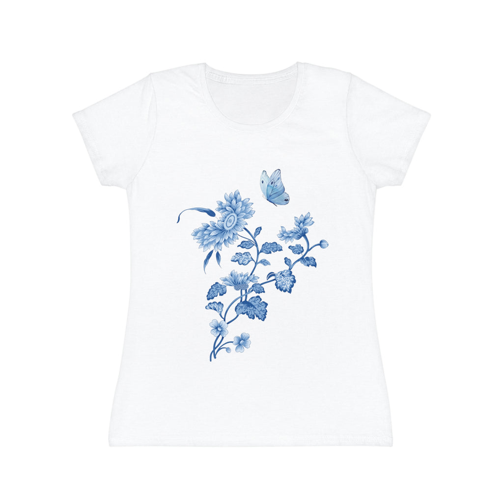 T-shirt femme blanc, vue de face : motif fleurs bleues et papillon, manches courtes.