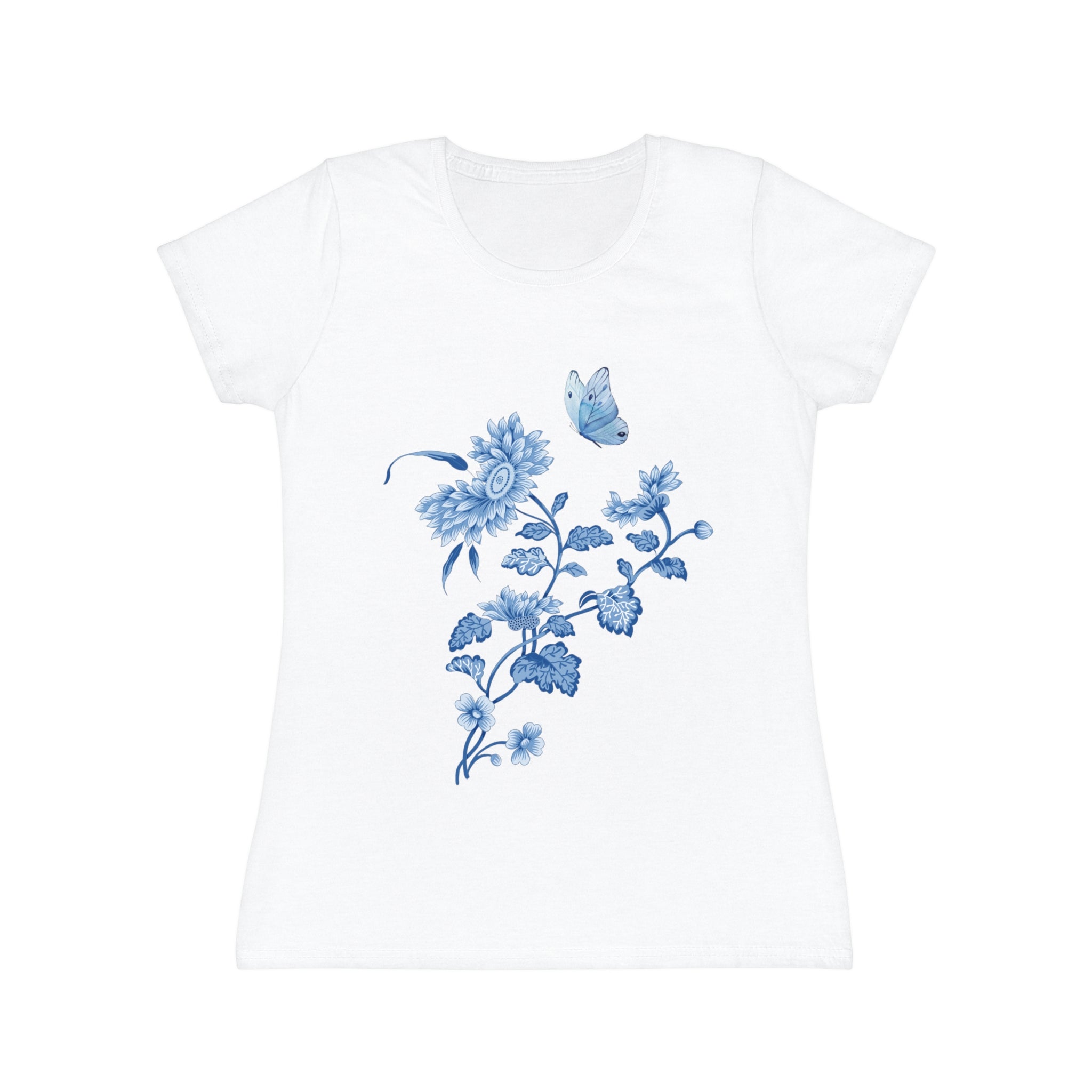 T-shirt femme blanc, vue de face : motif fleurs bleues et papillon, manches courtes.