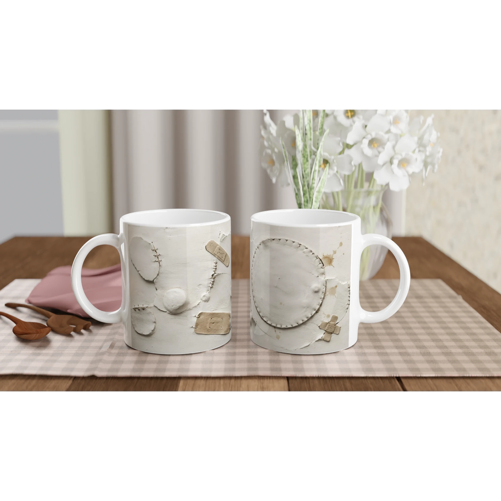 Paire de mugs blancs à motif de sutures trompe-l’œil, anses visibles