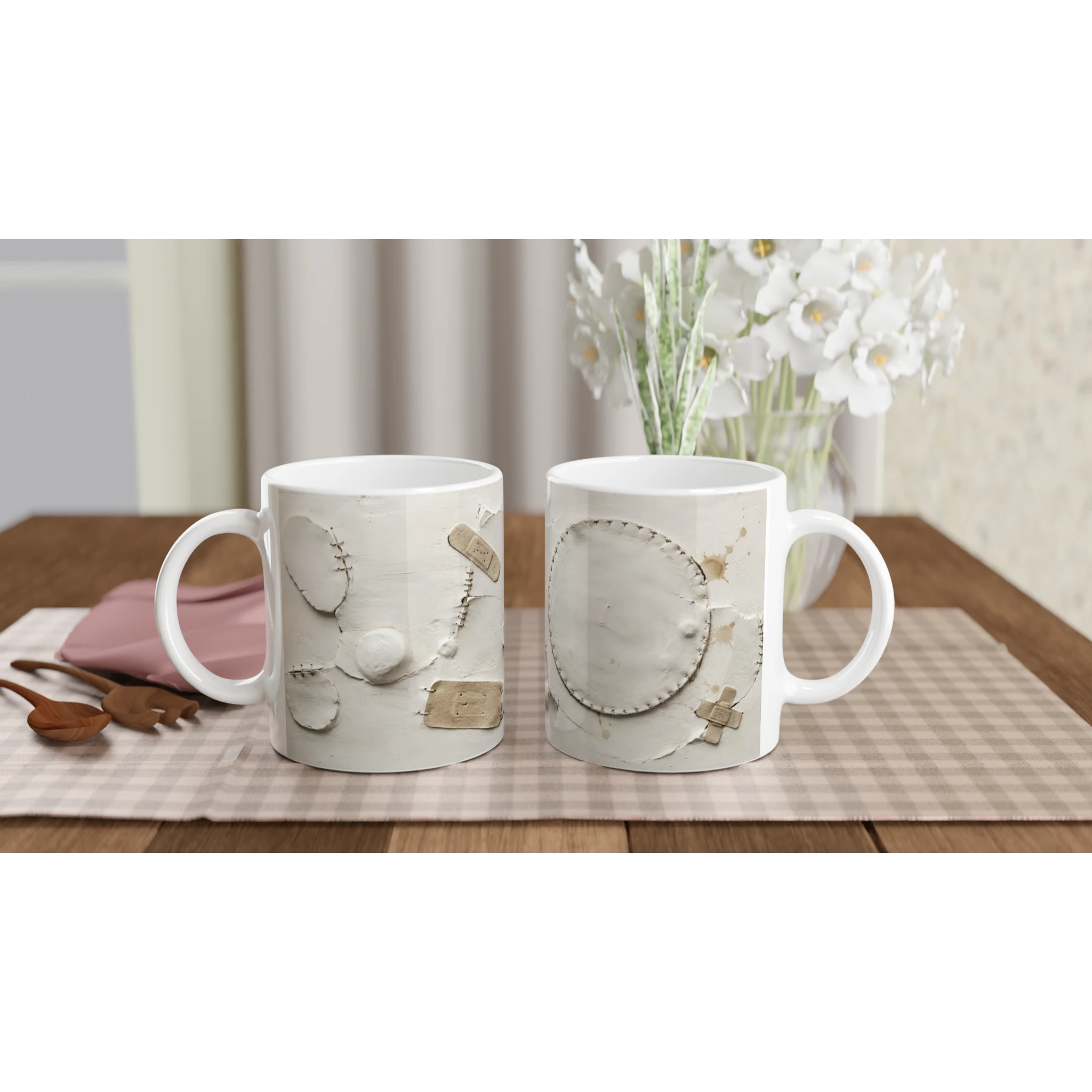 Paire de mugs blancs à motif de sutures trompe-l’œil, anses visibles