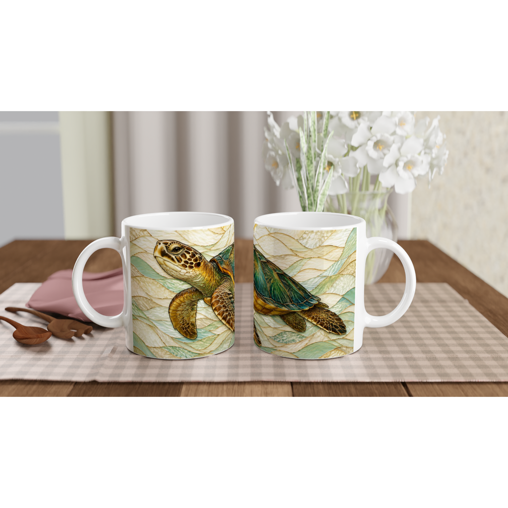 Deux tasses en céramique blanches 11 oz avec motifs de tortues, anses visibles