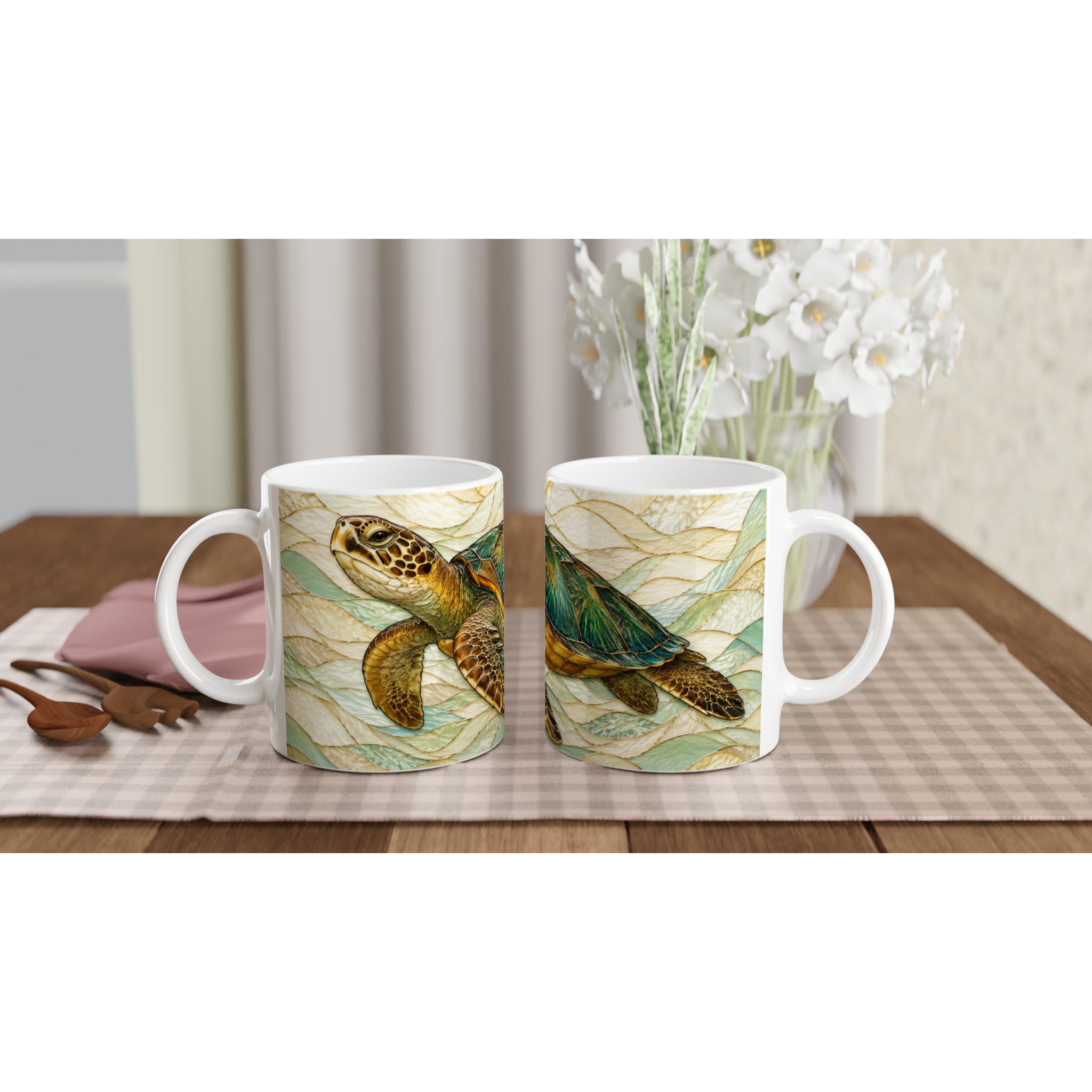 Deux tasses en céramique blanches 11 oz avec motifs de tortues, anses visibles