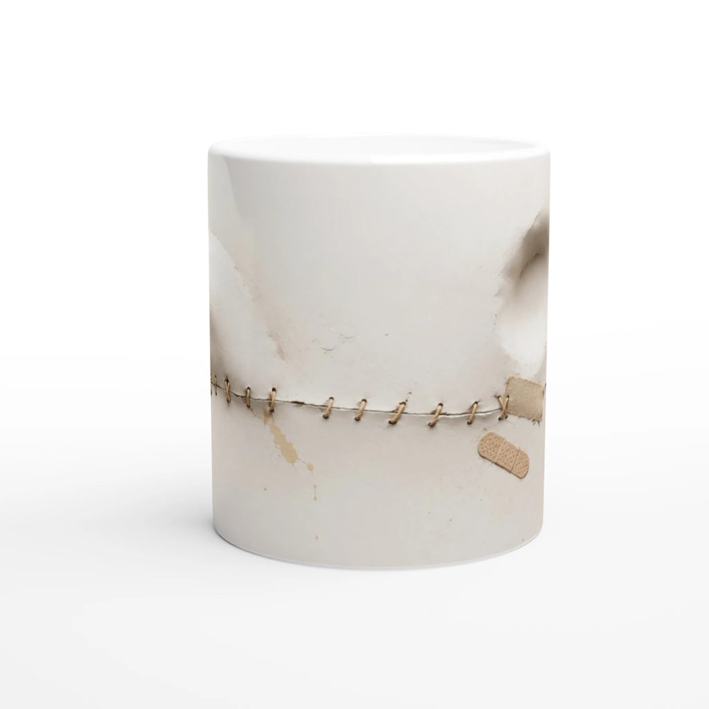 Mug en céramique blanche avec décor trompe-l’œil de chaîne et grande plaque