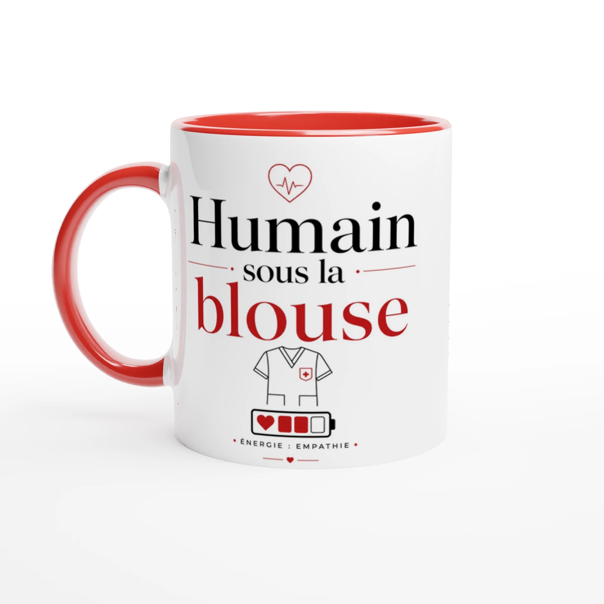Mug en céramique Humain sous la blouse, anse rouge et intérieur rouge