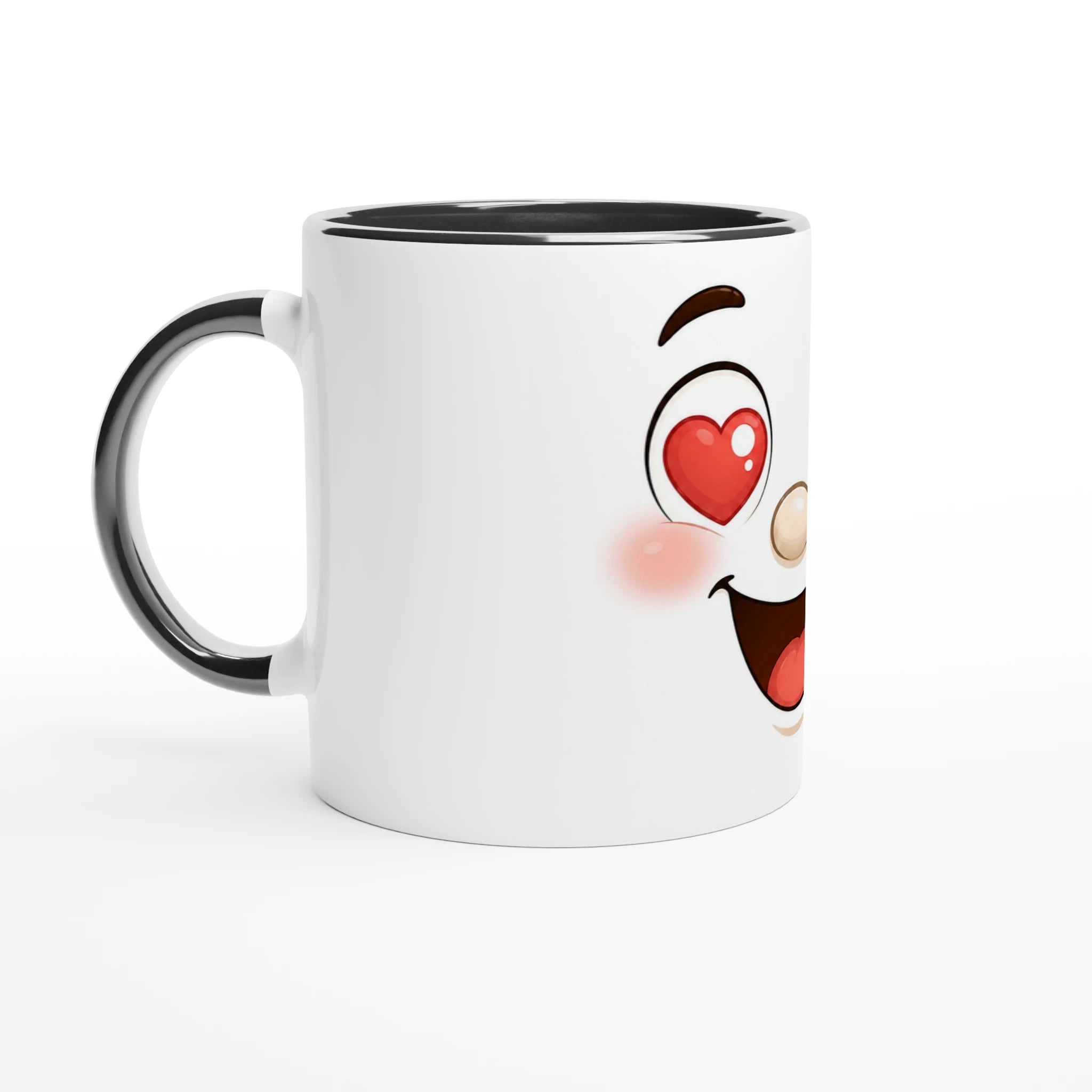 Mug blanc bicolore, anse noire, intérieur sombre, visage kawaii avec cœurs rouges.