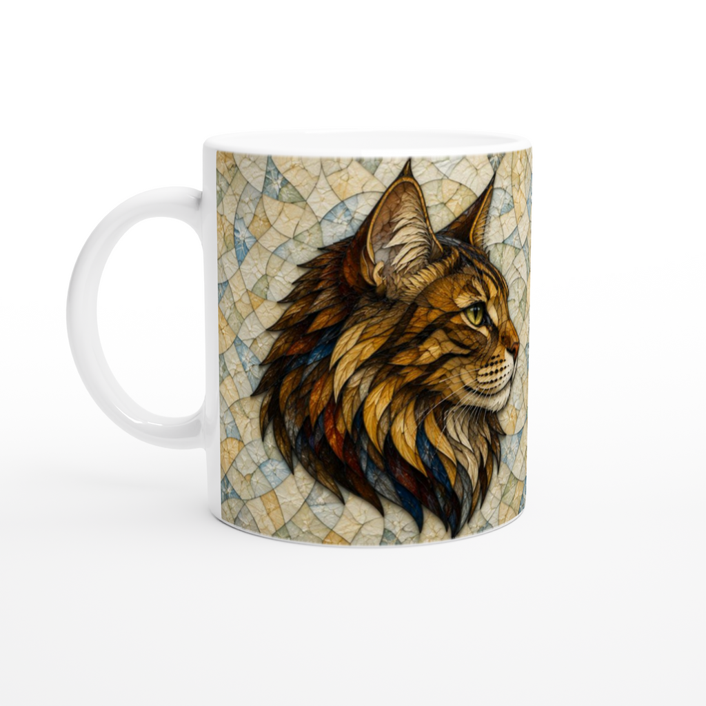 Tasse en céramique blanche 11 oz, profil, tête de lion détaillée, anse