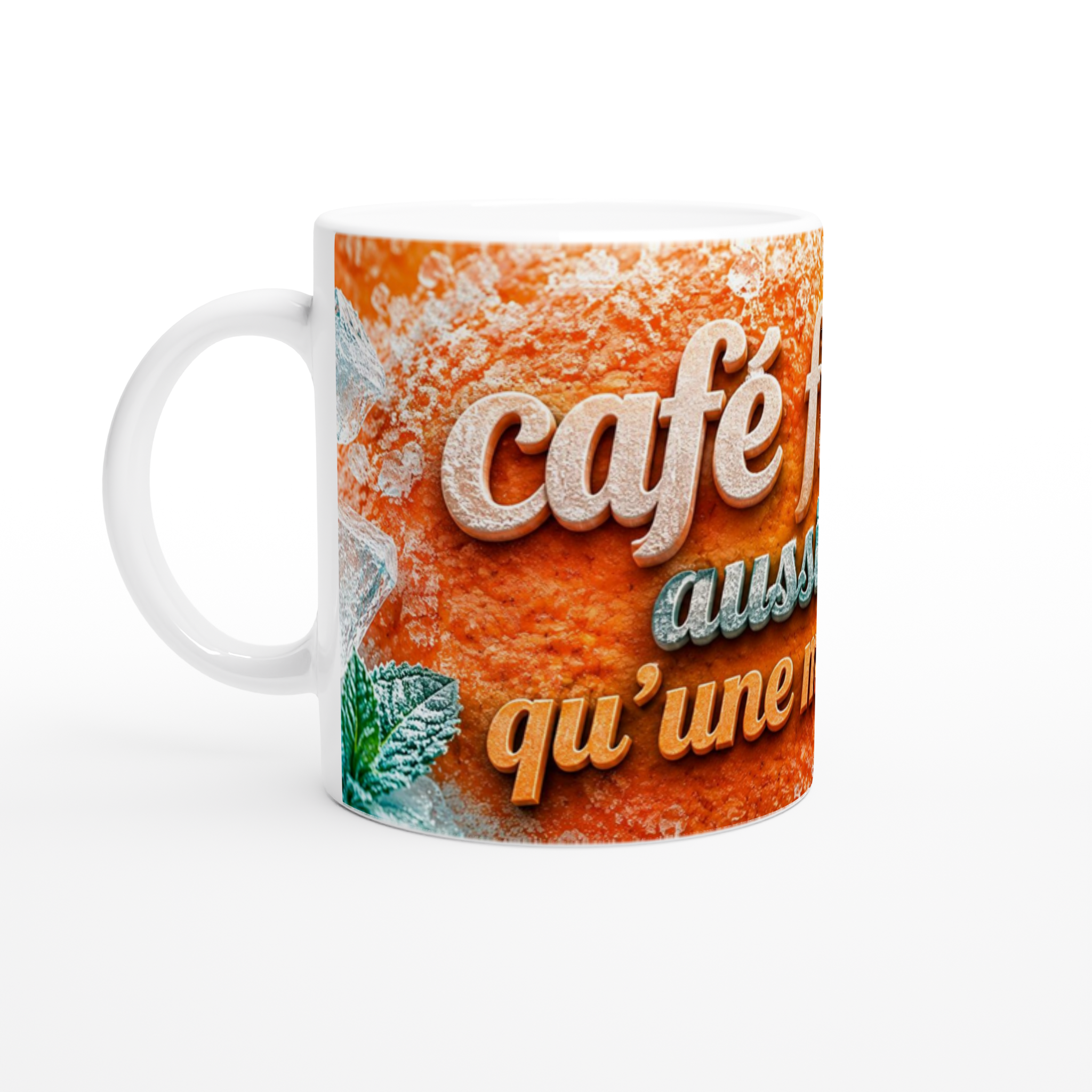 Mug en céramique orange avec inscription « café » et « qu’une » sur fond givré.