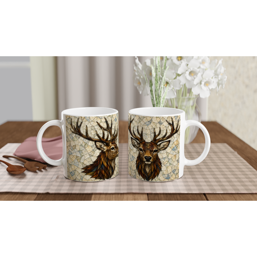 Mug en céramique blanc avec illustration de cerf et cornes sur les deux faces
