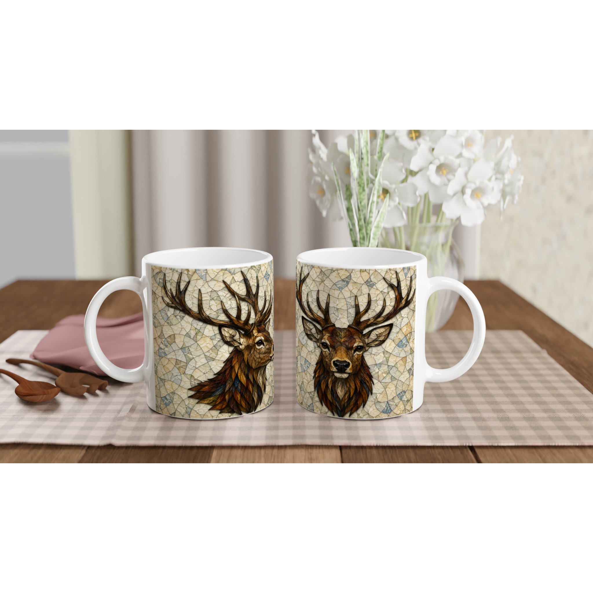 Mug en céramique blanc avec illustration de cerf et cornes sur les deux faces