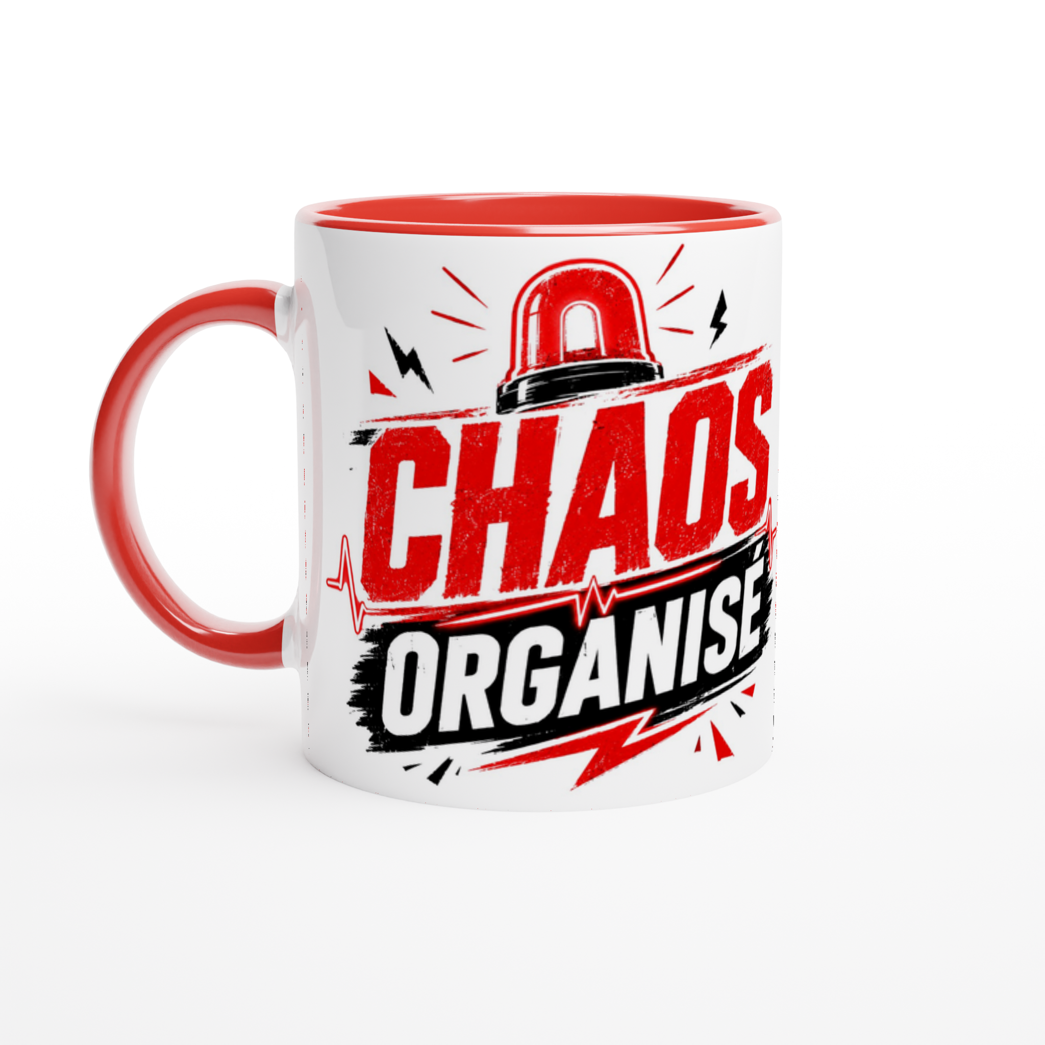 Mug en céramique blanche, anse rouge, imprimé « CHAOS ORGANISE ».